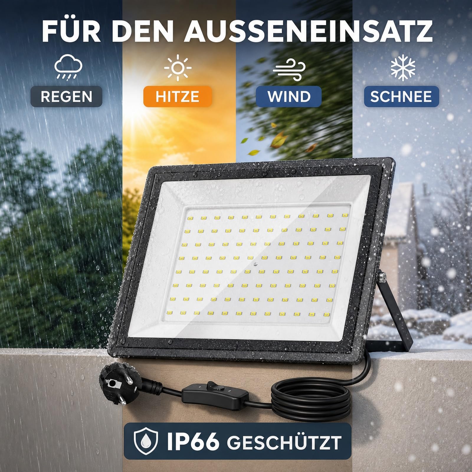 Zewnętrzny reflektor LED 100 W, 11000LM 6500K zimna biel, kabel 2 m z wtyczką, IP66, wodoszczelny, ultra jasny reflektor, idealny do magazynu, budowy, basenu i boiska do koszykówki (100W2P)