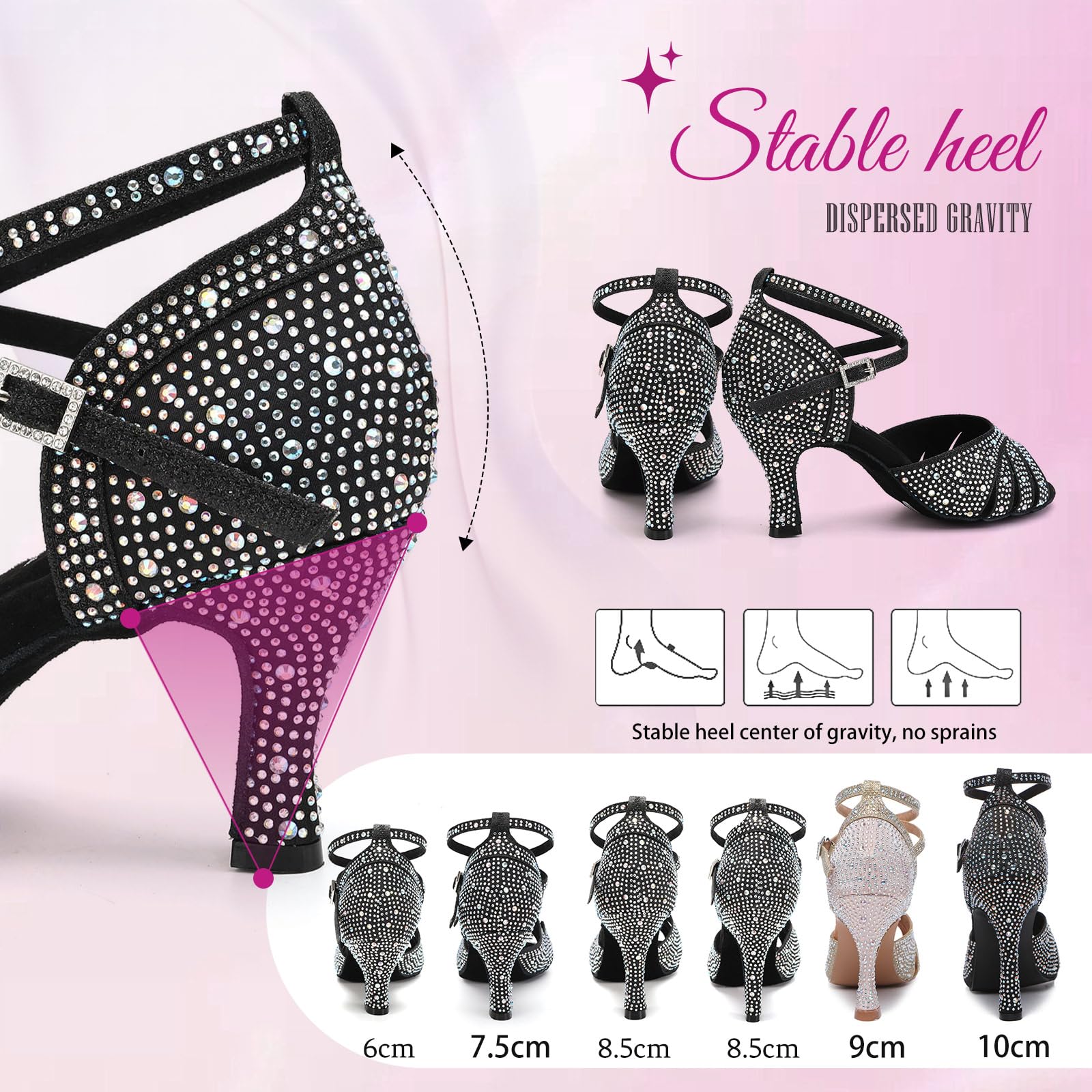 SWDZM Scarpe da Ballo Latino Donna Strass Salsa Bachata Prestazioni Professionale,Zwart,Hakhoogte 7cm,Suède zool,EU 39