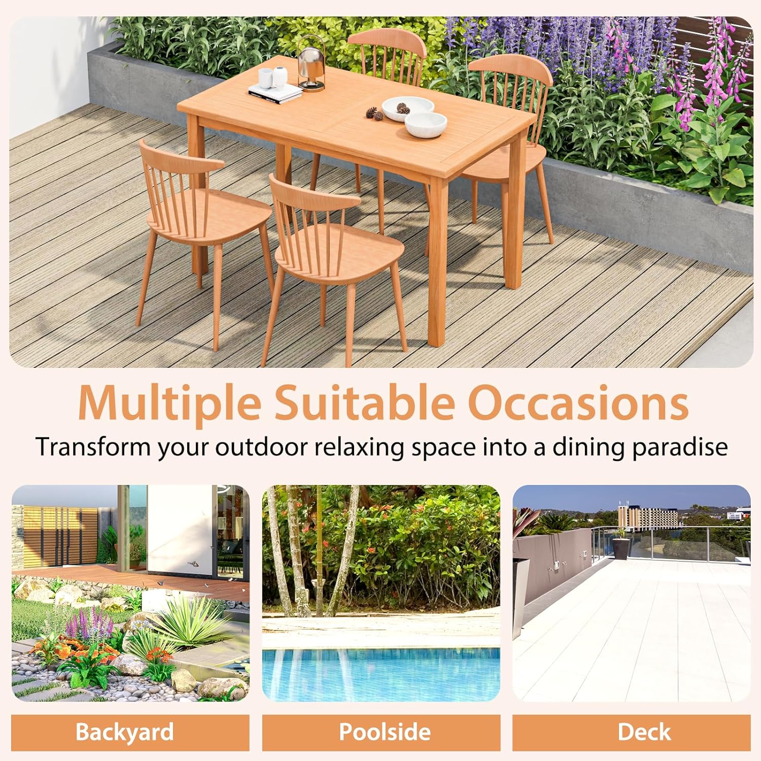 Giantex Patio Rectangle Dining Table, 49” x 27.5” Indonesian Teak Wood Outdoor Table with Spacious Slatted Tabletop for 6 Person, Indoor Outdoor Dining Table for Backyard, Poolside, Front Porch