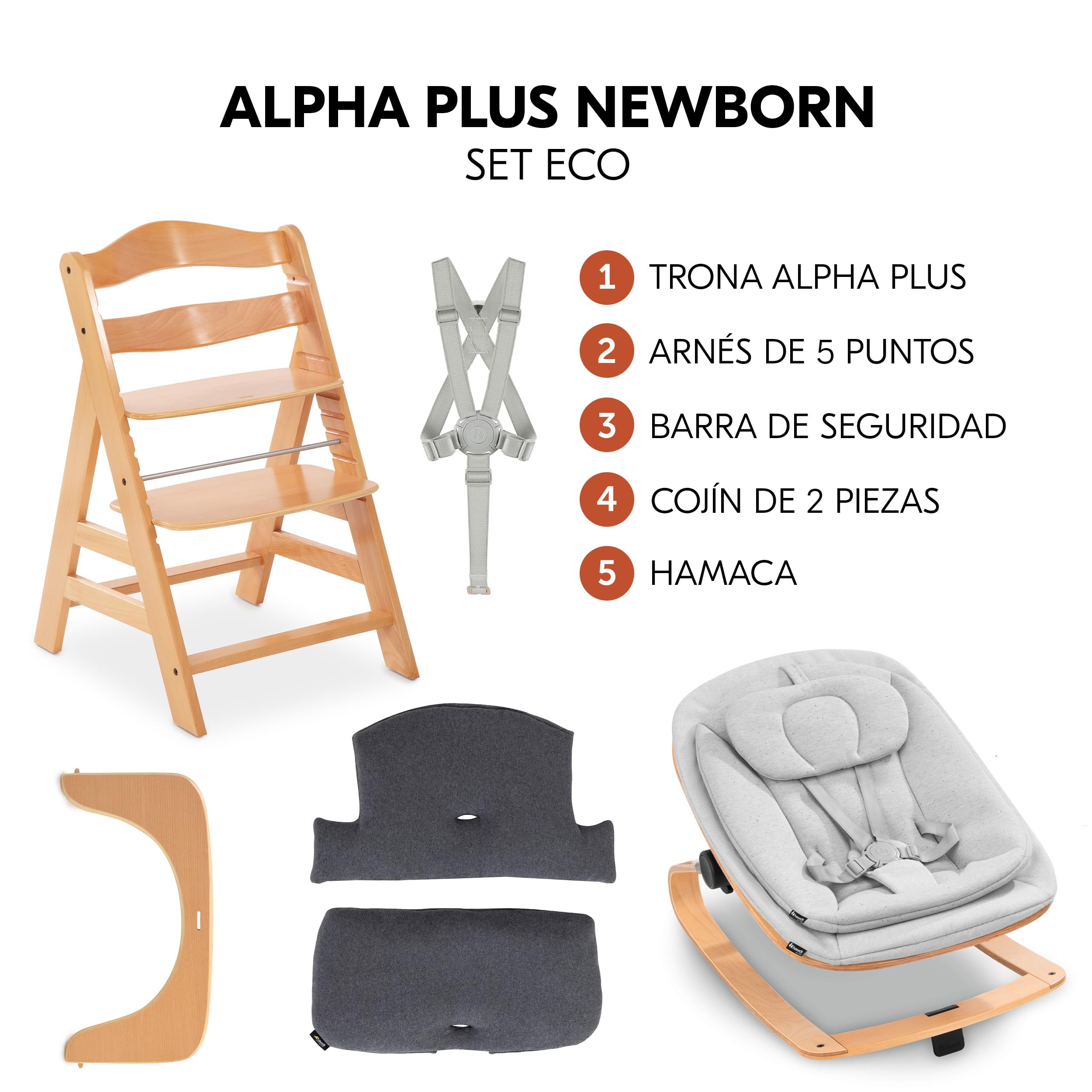 hauck Alpha Plus Newborn Set Eco Bouncer Trona Madera Evolutiva desde el Nacimiento – Sillas Tronas para Niños con Hamaca Recién Nacidos y Cojín de 2 Piezas – Natural | Trona de madera para niños desde el nacimiento hasta 90 kg, incluye accesorio para rec