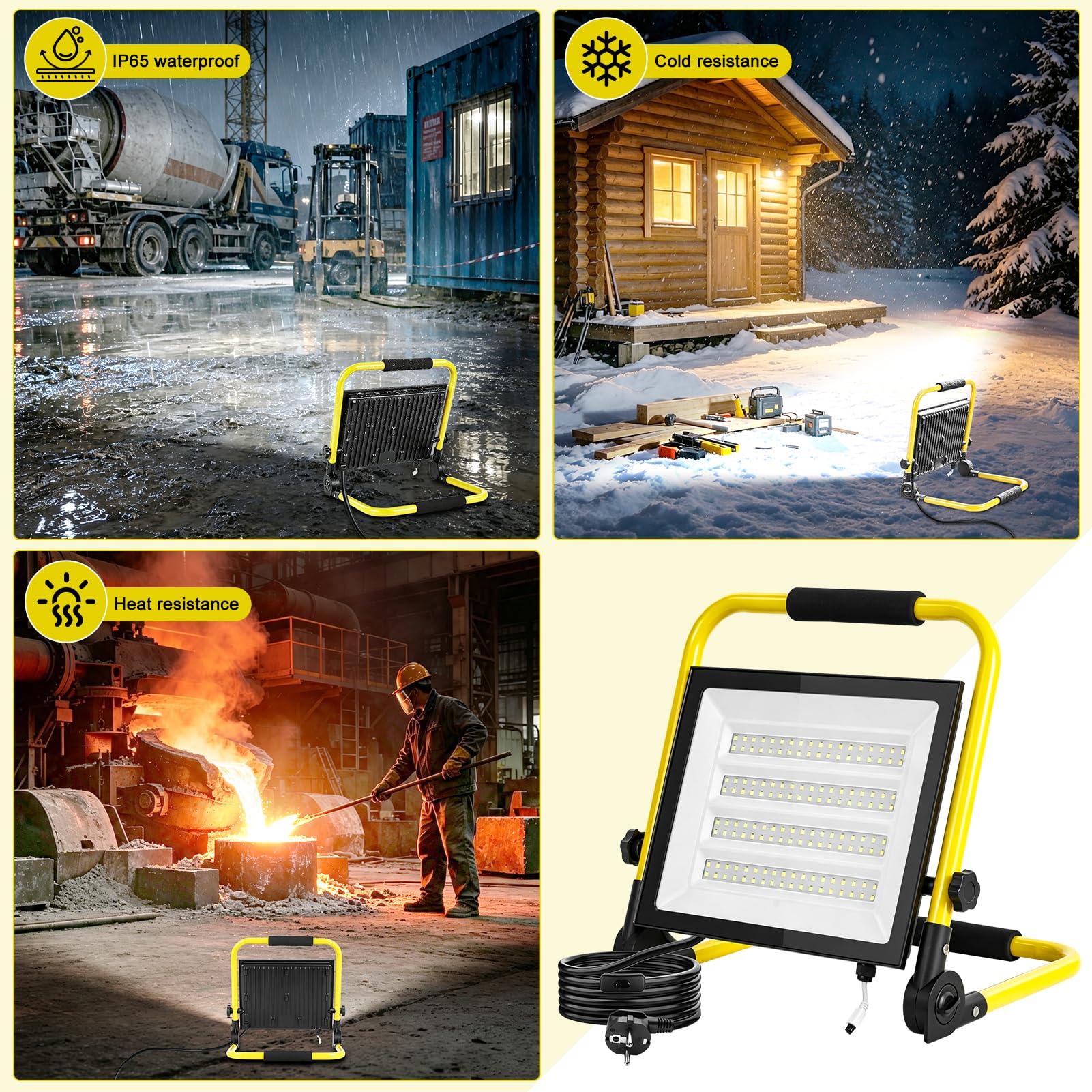 papasbox 200W LED Baustrahler mit Stecker Schalter Baustellenlampe 6500K Kaltweiß Baustellenstrahler | IP65 Wasserdicht Arbeitsleuchte mit Fernbedienung Baulampe für Werkstatt Baustelle