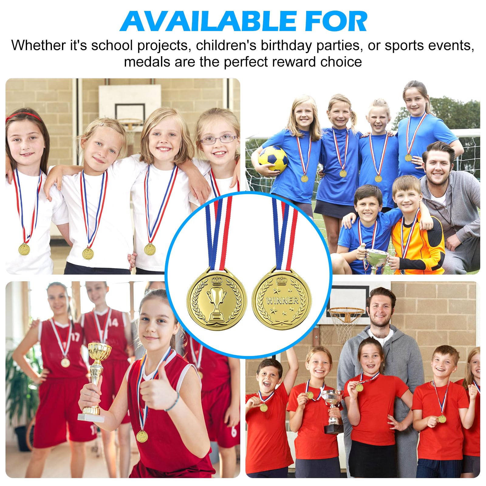 Aicharynic Medallas para niños, 100 unidades, medallas de plástico, medallas de oro con collares, medallas de cumpleaños infantiles para la escuela/día deportivo, cumpleaños infantil, fiestas, juegos