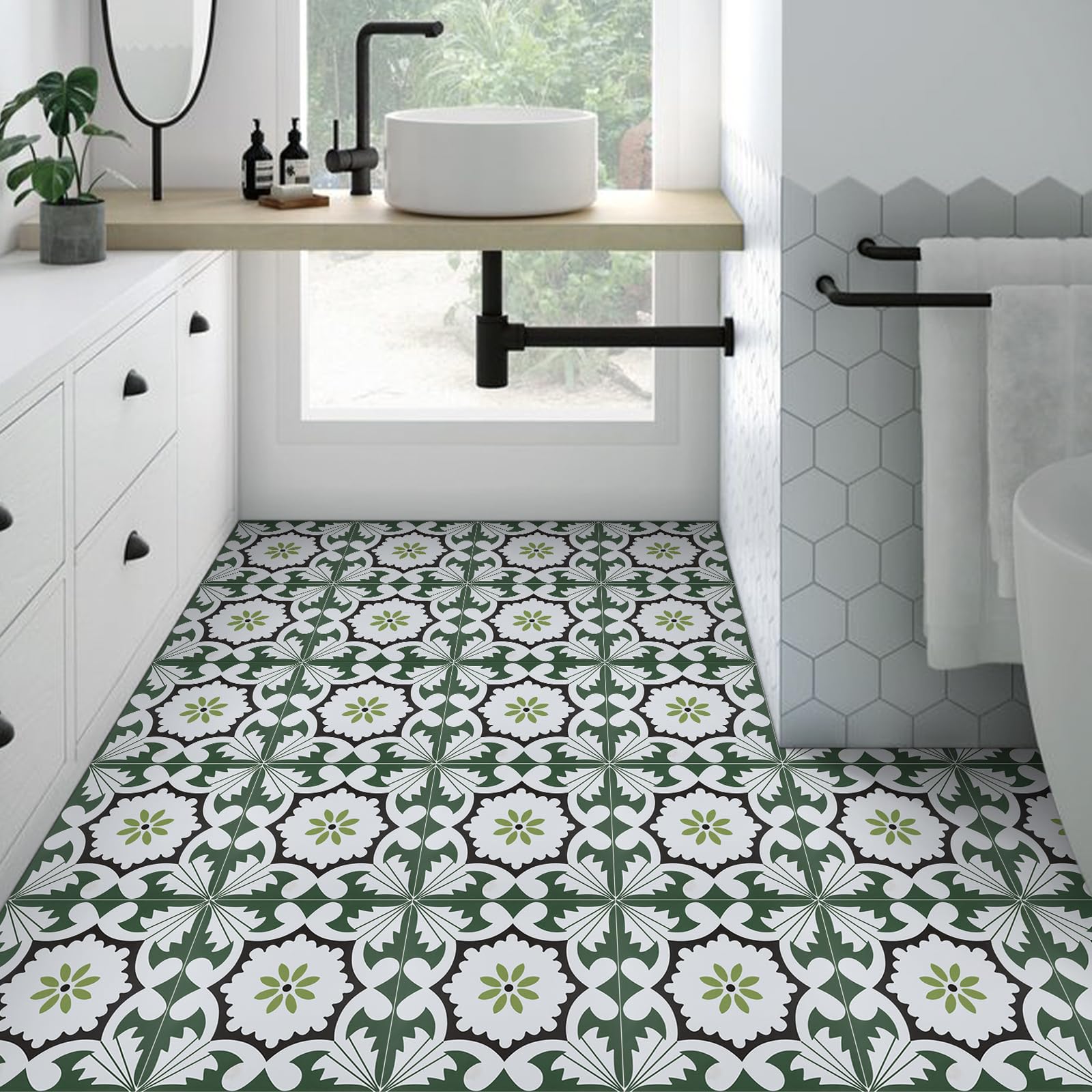 Peel and Stick Floor Tile, 11.8in X 11.8in Self Adhesive Vinyl Flooring, Peel and Stick Flooring for Bathroom Kitchen Living Room, 10 pcs, Green