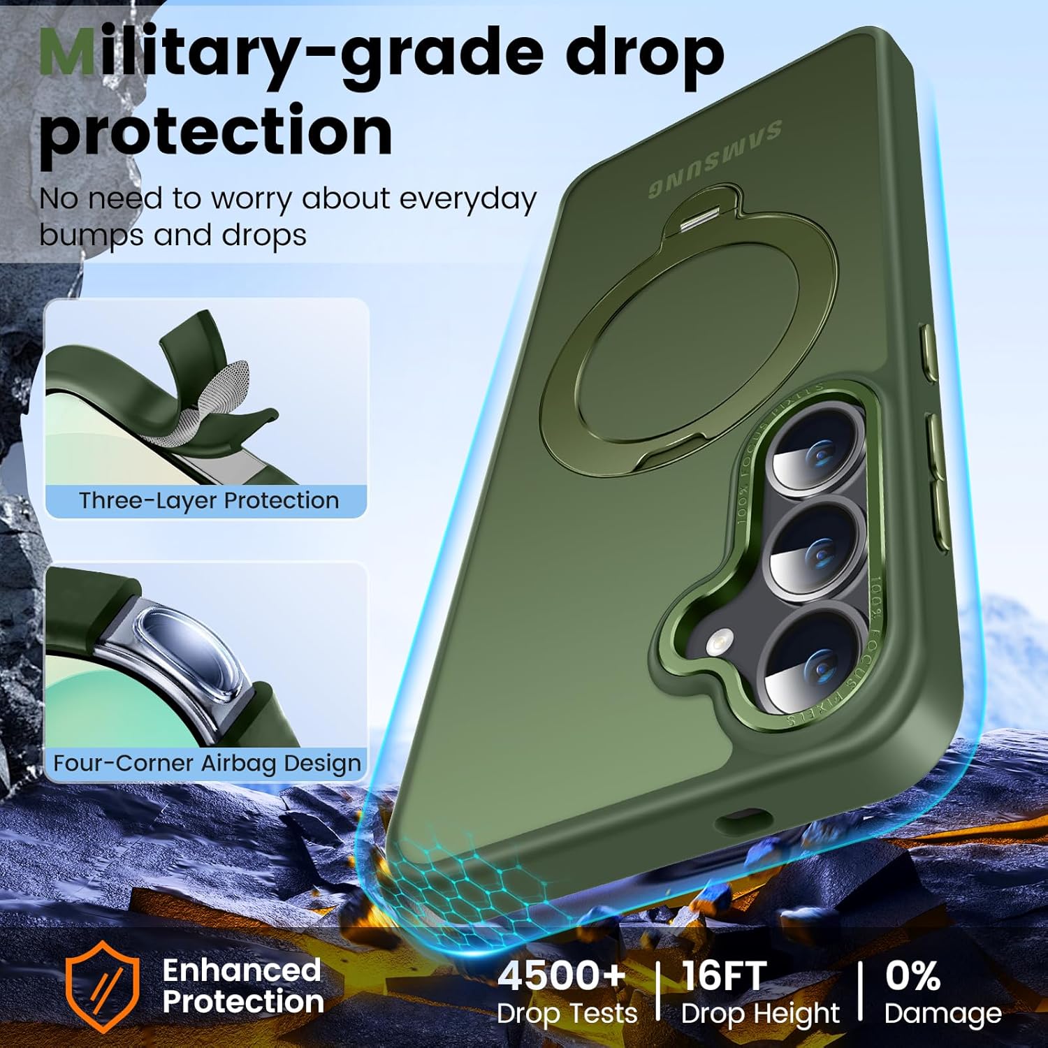 360° Spin Magnetic Ring Stand for Samsung Galaxy S24 Plus Case, Military-Grade Drop and Shock, Supports Magnetic Charging, Translucent Matte Phone Case for Samsung S24 Plus (Matte Green)