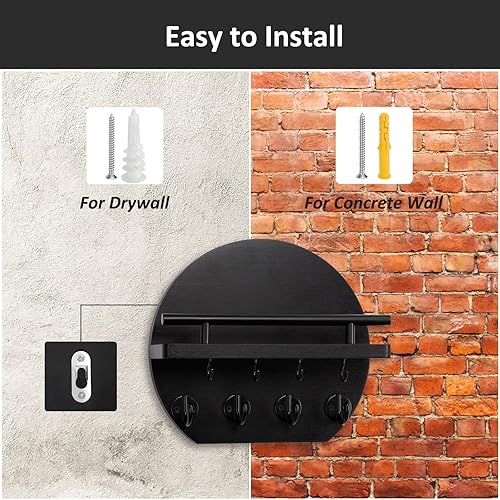 Miniatura 7 de Nekon Llavero para pared, decoración de pared de apartamento de 9.8 pulgadas con estante y 8 ganchos para llaves, colgante circular de madera para