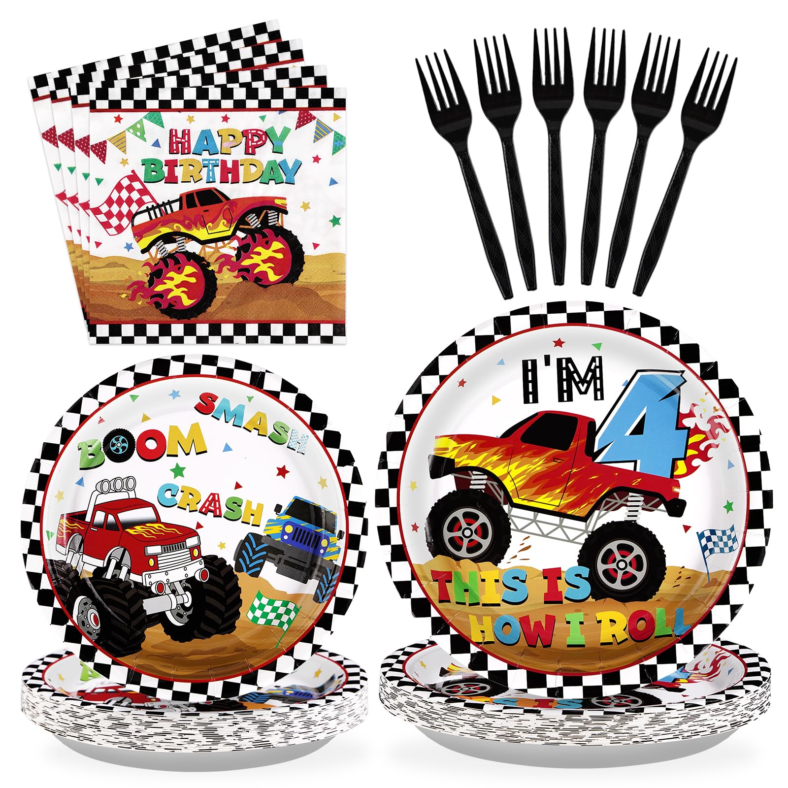96 Pcs Monster Truck 4th Birthday Party Supplies - 350 GSM Plates and Napkins, Checkered Tableware Set for Kids Boys Theme Party - Decorations Serve 24