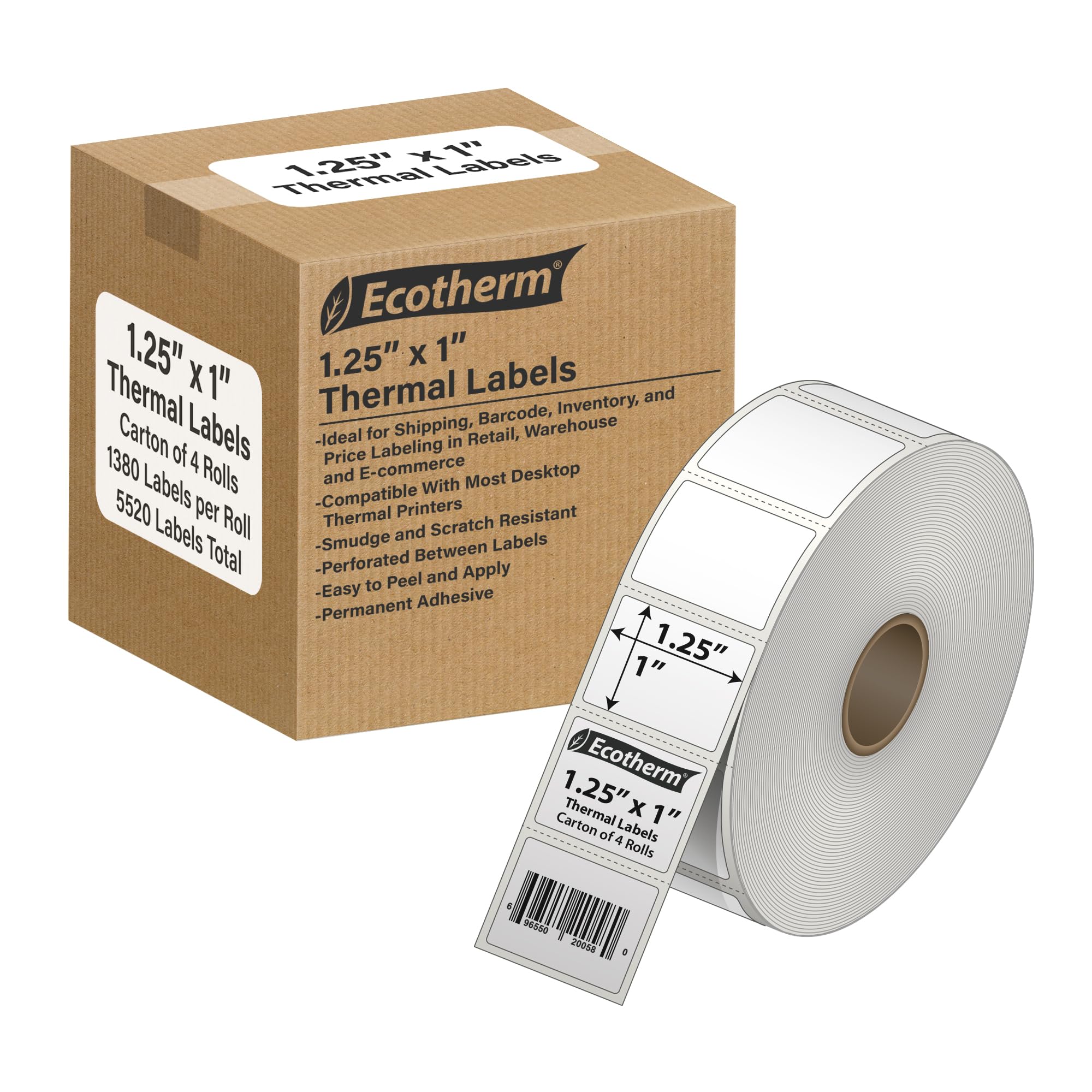 Thermo-Etiketten, 3,2 x 2,5 cm, 4 Rollen, 1.380 Etiketten/Rolle, insgesamt 5.520, passend für Zebra, Munbyn, Rollo, Godex, Arkscan, iDPRT, Offnova Thermodrucker, blanko, weiß, selbstklebende Aufkleber