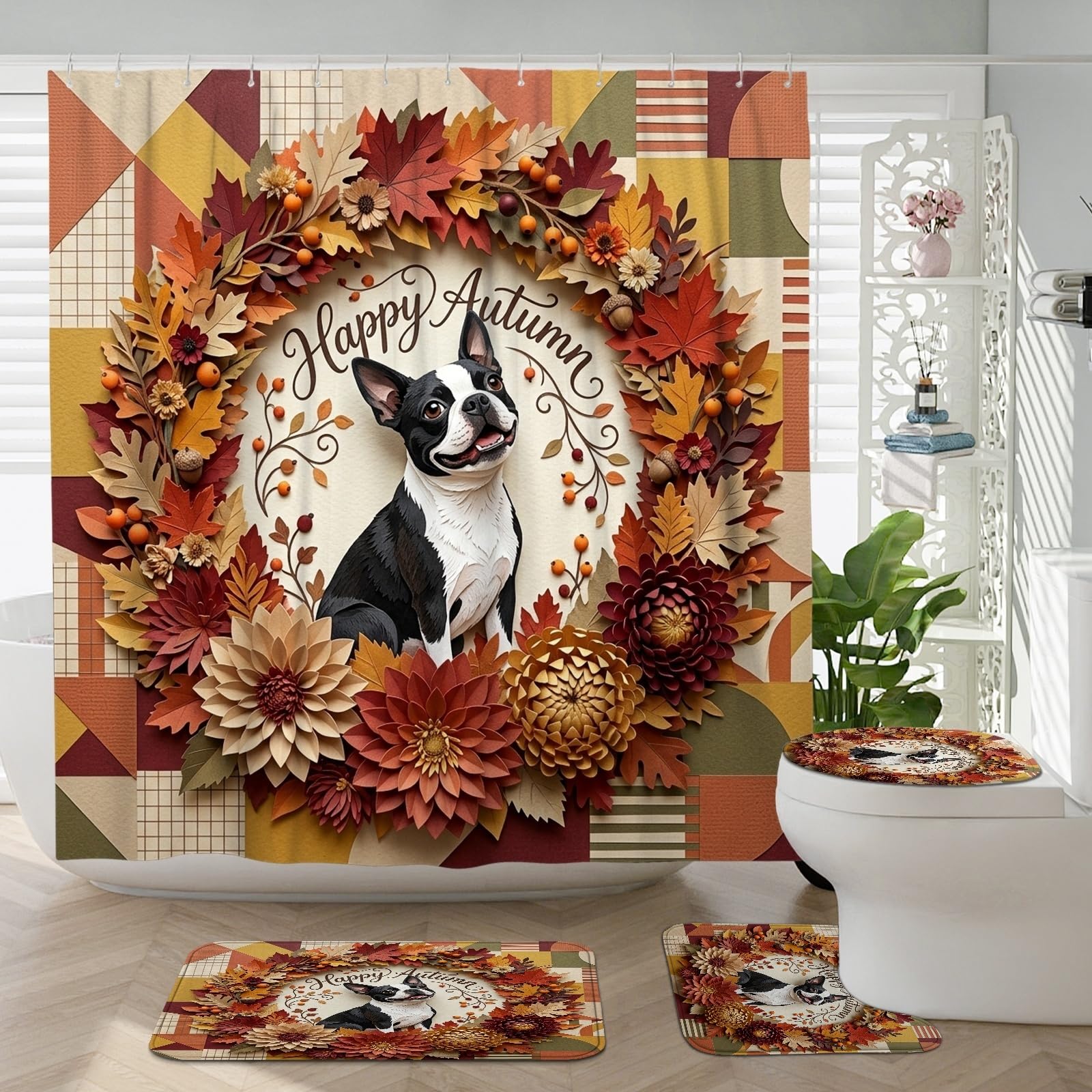 Tapis de salle de bain Boston Terrier antidérapant en tissu U et abattant 4 pièces