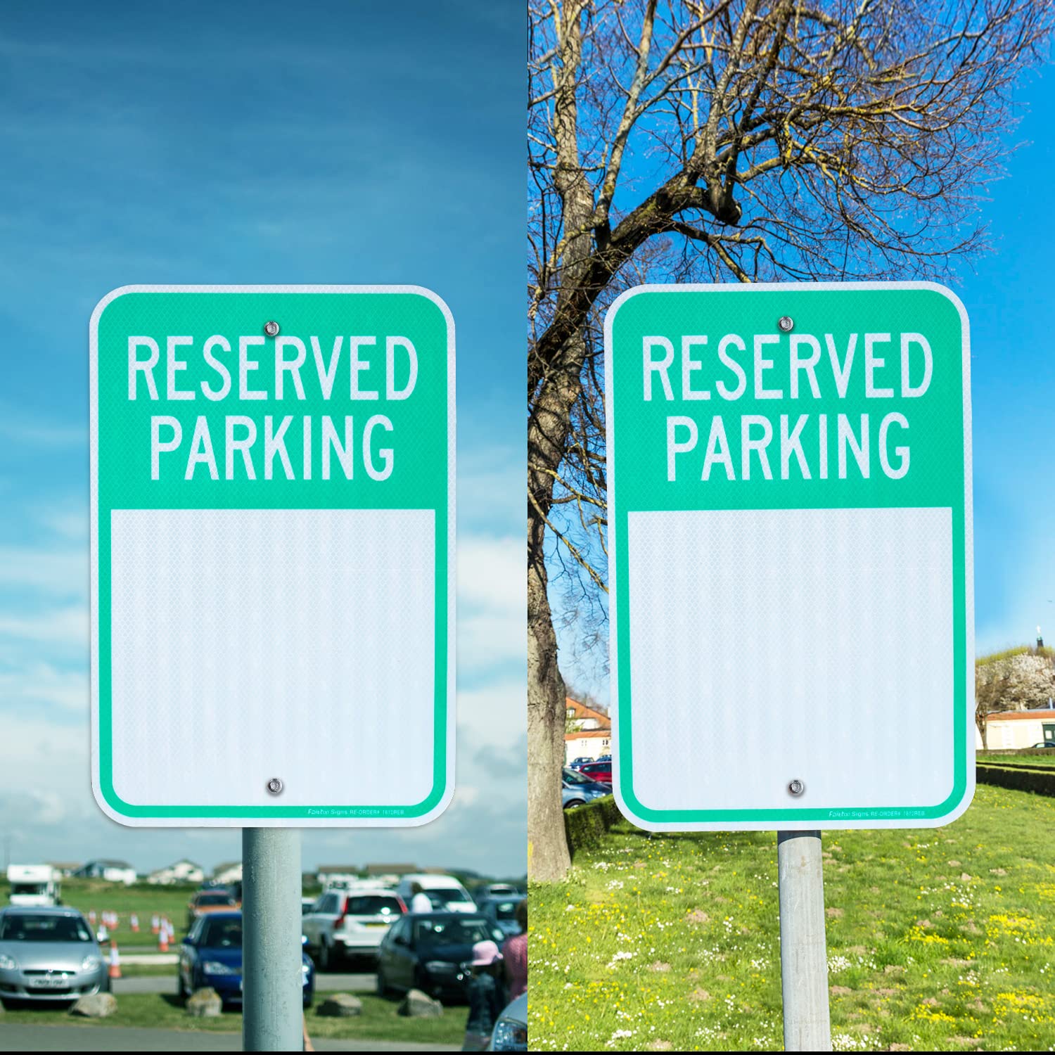 Faittoo Señales de estacionamiento reservadas en blanco, paquete de 4 letreros reflectantes de aluminio de grado de ingeniero, resistentes a la intemperie y a la decoloración, protección UV, fáciles