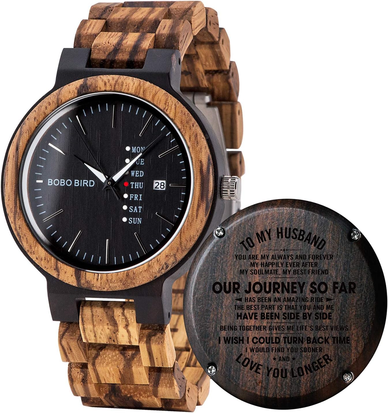 BOBO BIRD Week and Date Multi-Functional Display Men's Zebra Wooden Quartz Watch Lightweight Handmade Casual Wristwatches with Gift Box