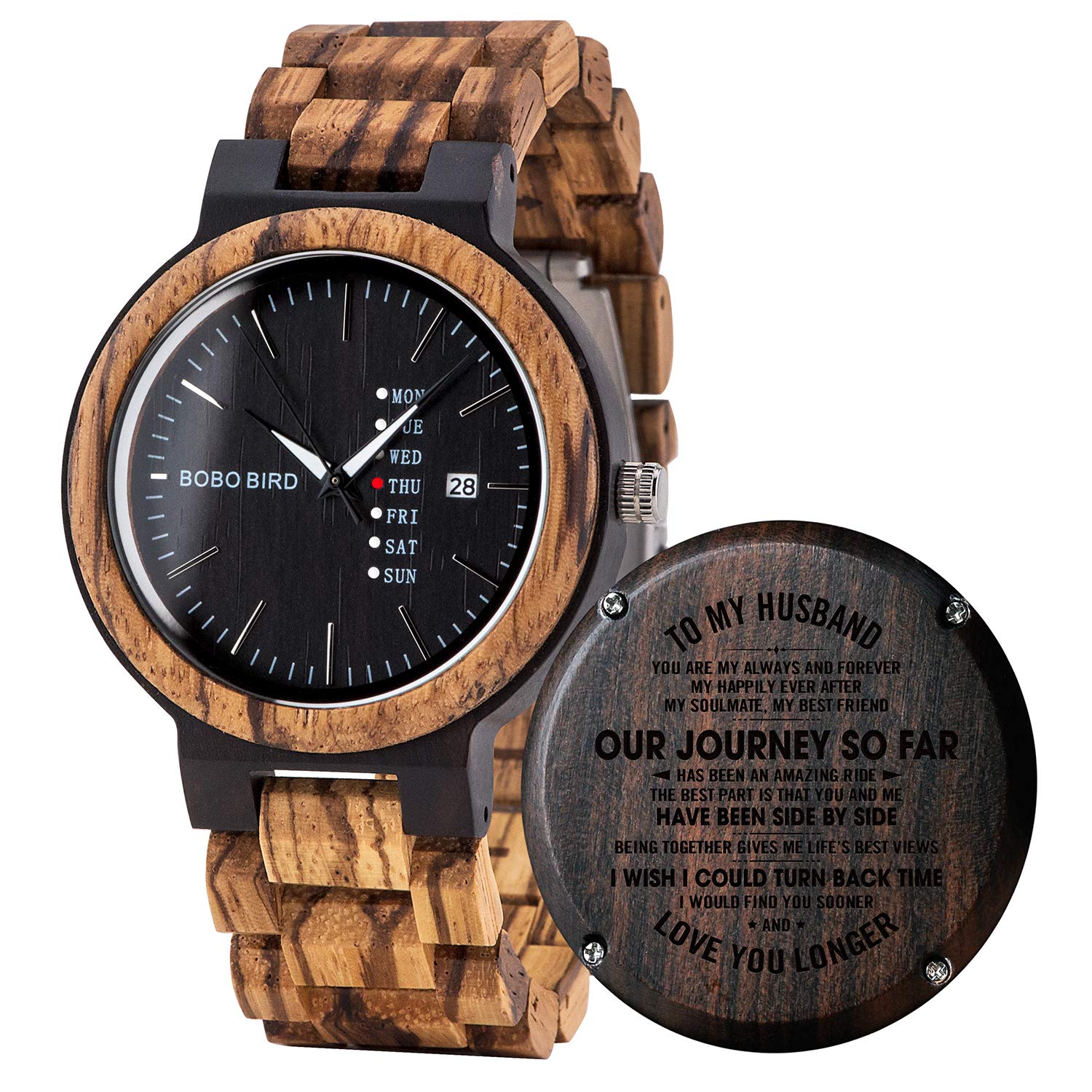 BOBO BIRD Week and Date Multi-Functional Display Men's Zebra Wooden Quartz Watch Lightweight Handmade Casual Wristwatches with Gift Box