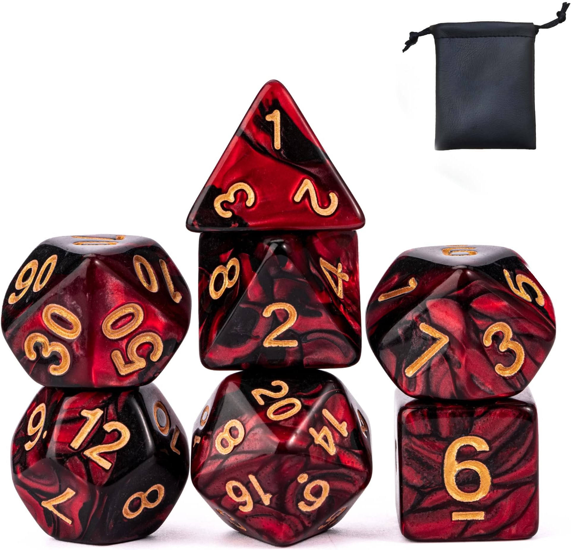 KSNDie 7-Die Polyhedral DND Dice Set Red Mix Black D&D Dice with Leather Pouch for Dungeon and Dragons Role Playing Games, d and d Dice