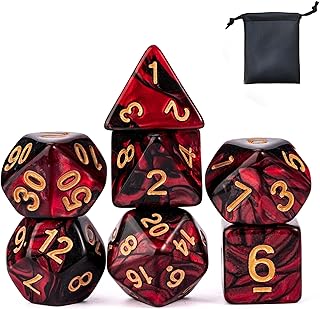 KSNDie 7-Die Polyhedral DND Dice Set Red Mix Black D&D Dice with Leather Pouch for Dungeon and Dragons Role Playing Games, d and d Dice