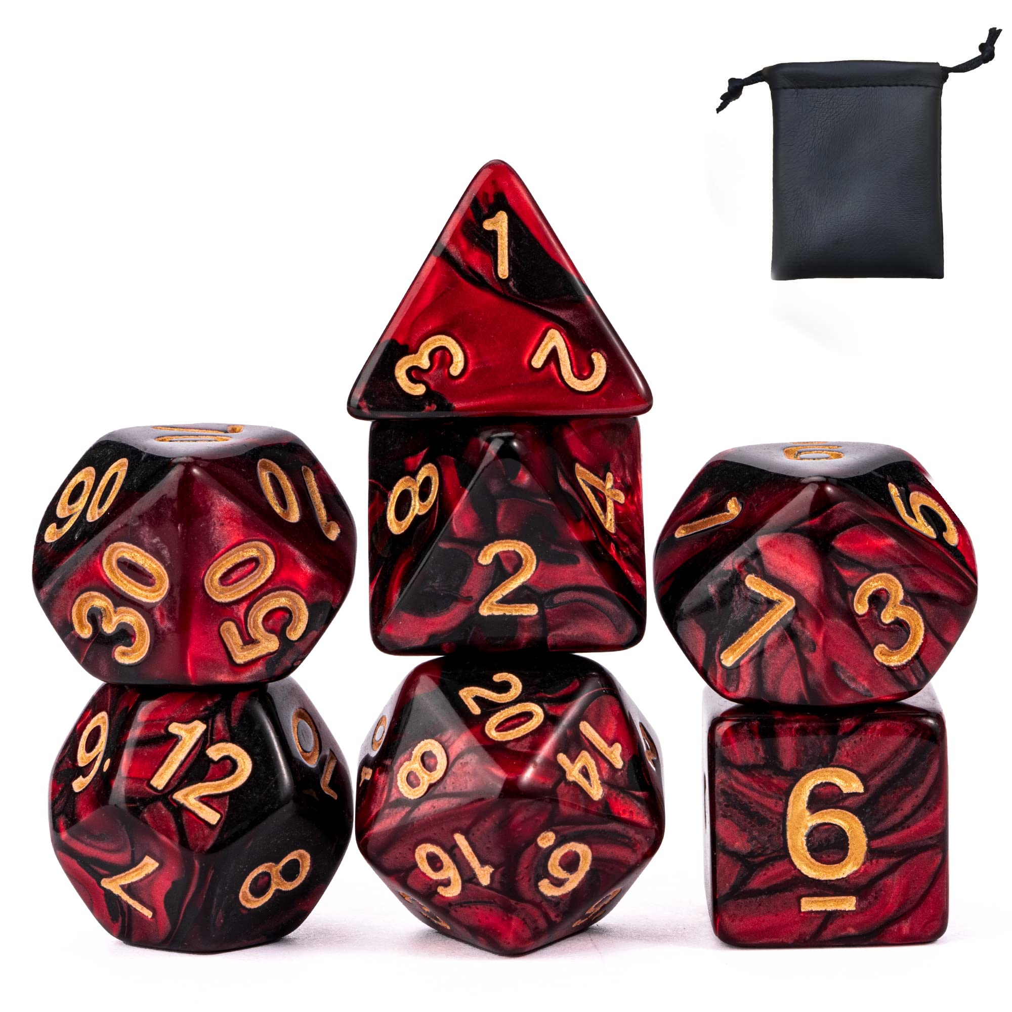 KSNDie 7-Die Polyhedral DND Dice Set Red Mix Black D&D Dice with Leather Pouch for Dungeon and Dragons Role Playing Games, d and d Dice