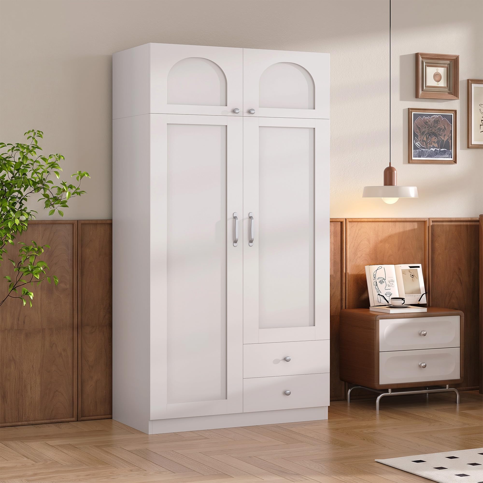 Hzuaneri Armoire avec 4 Portes 2 Tiroirs, Armoire avec Tringle et Étagère de Rangement, Penderie pour Chambre à Coucher, Chambre d'amis et Petits Espaces, Blanc, BW08003E