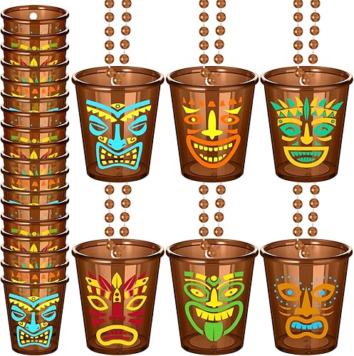 12 vasos de chupito Tiki en collar de cuentas, collares hawaianos de plástico de chupito, collares marrones divertidos de Tiki Shot para verano,
