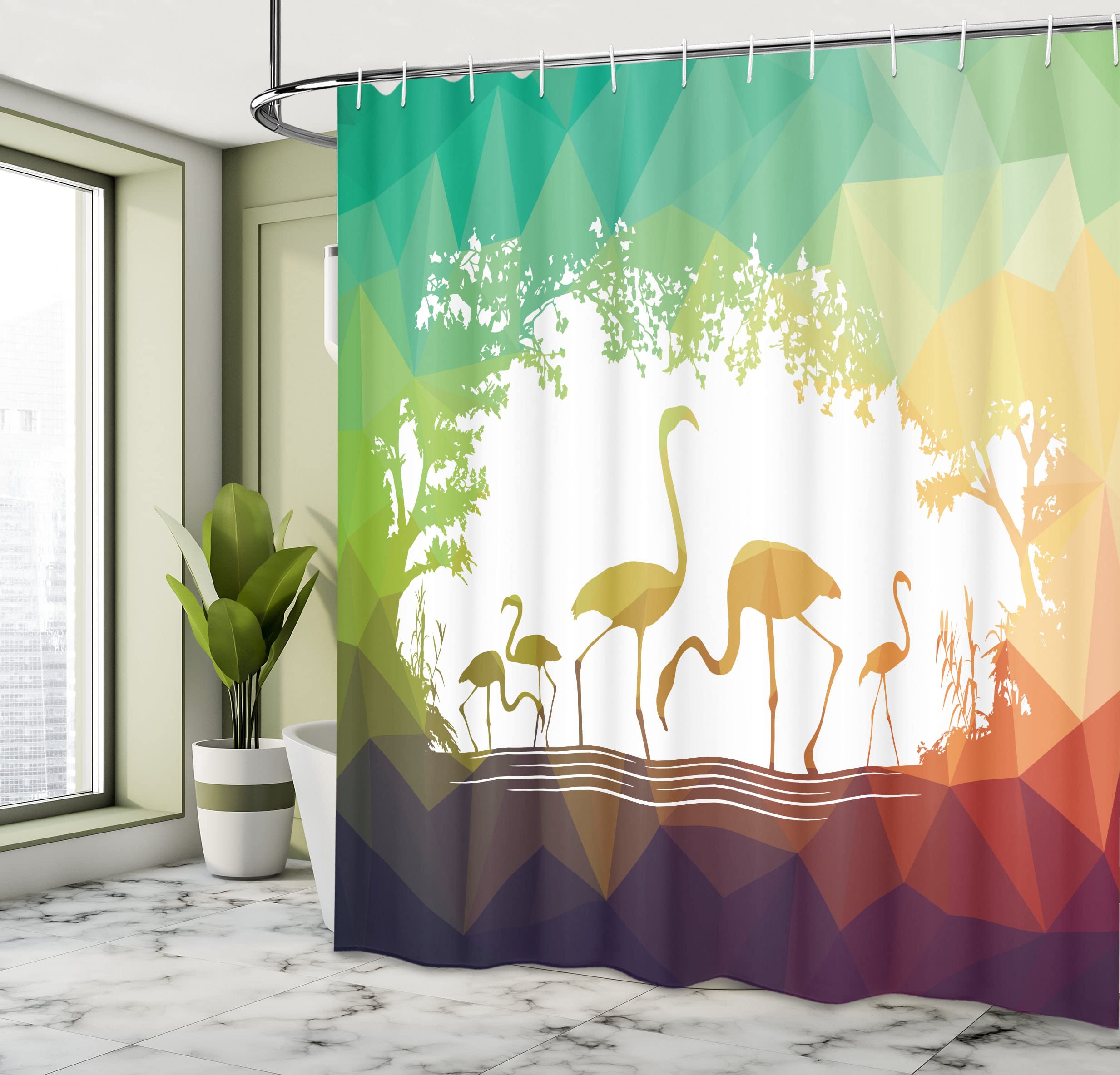 Tenda Doccia In Tessuto Con Fenicotteri | 120x200 Cm | Impermeabile E Antimuffa In Microfibra | Set Con 12 Ganci