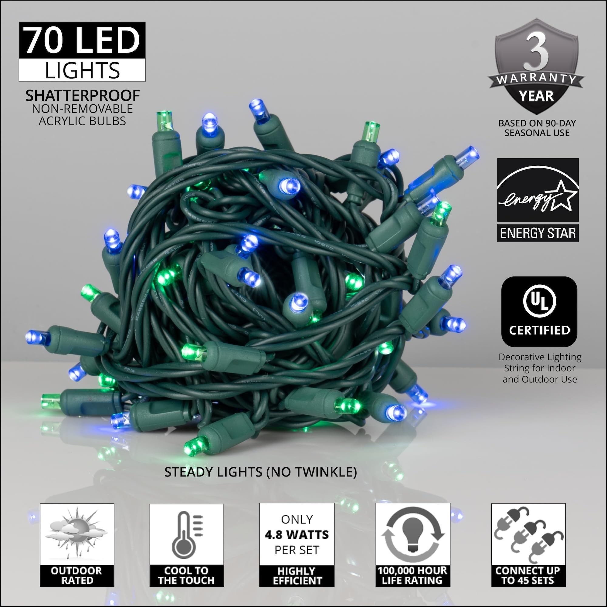 Wintergreen Lighting 70 5mm Green and Blue LED Christmas Mini Light Set, 24' Blue LED Christmas Lights Green Christmas Lights LED Holiday Lights Outdoor Christmas String Lights