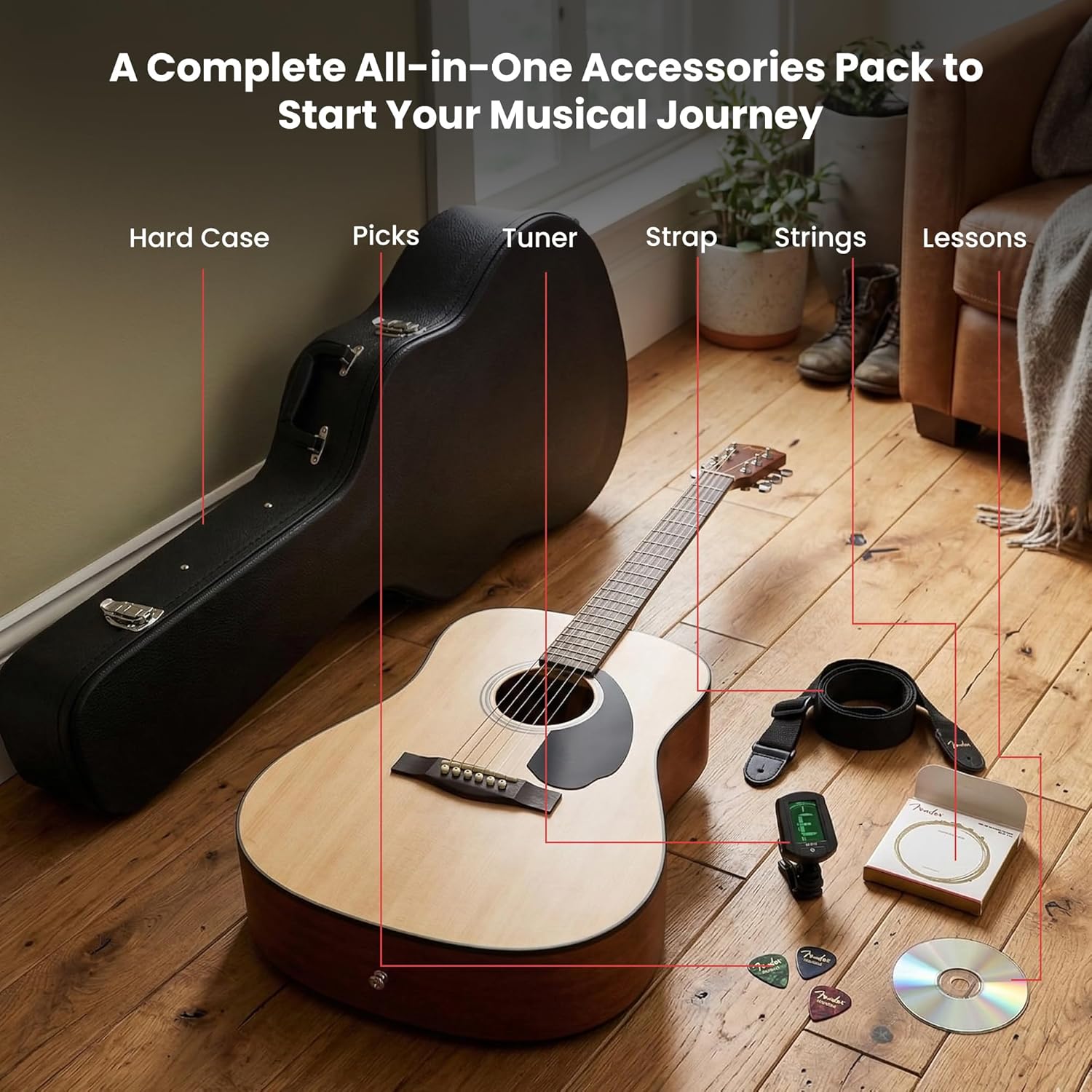 Fender CD-60S Solid Top Dreadnought Acoustic Guitar - Natural Bundle with Hard Case, Tuner, Strap, Strings, Picks, and Austin Bazaar Instructional DVD