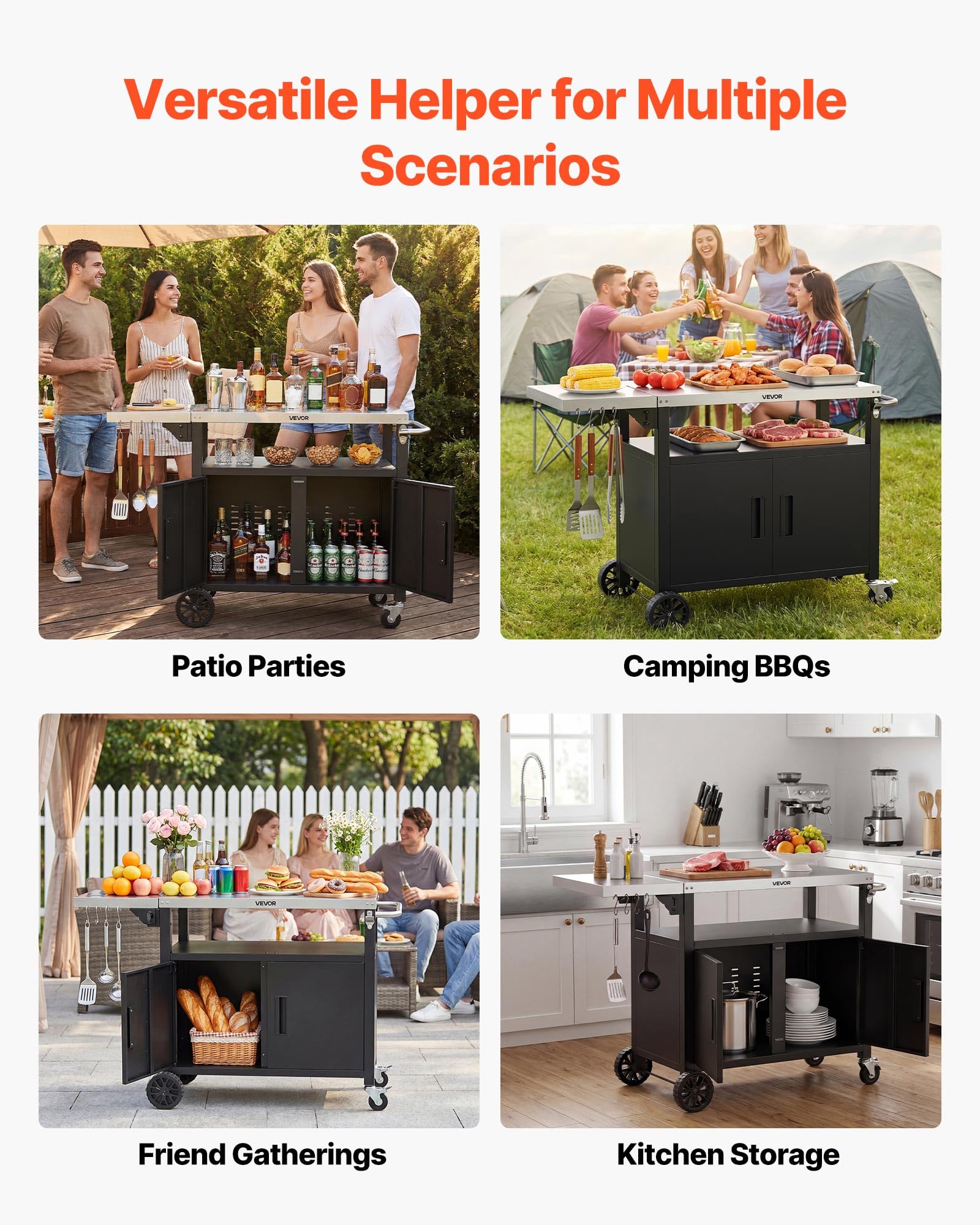 VEVOR Carrello per Barbecue da Esterno, Tavolo Carrello Portaoggetti Ripiano Preparazione Piatti Cibi 124 cm, Mobiletto con Ruote Impermeabile da Giardino Cortile Picnic Campeggio Isola Cucina
