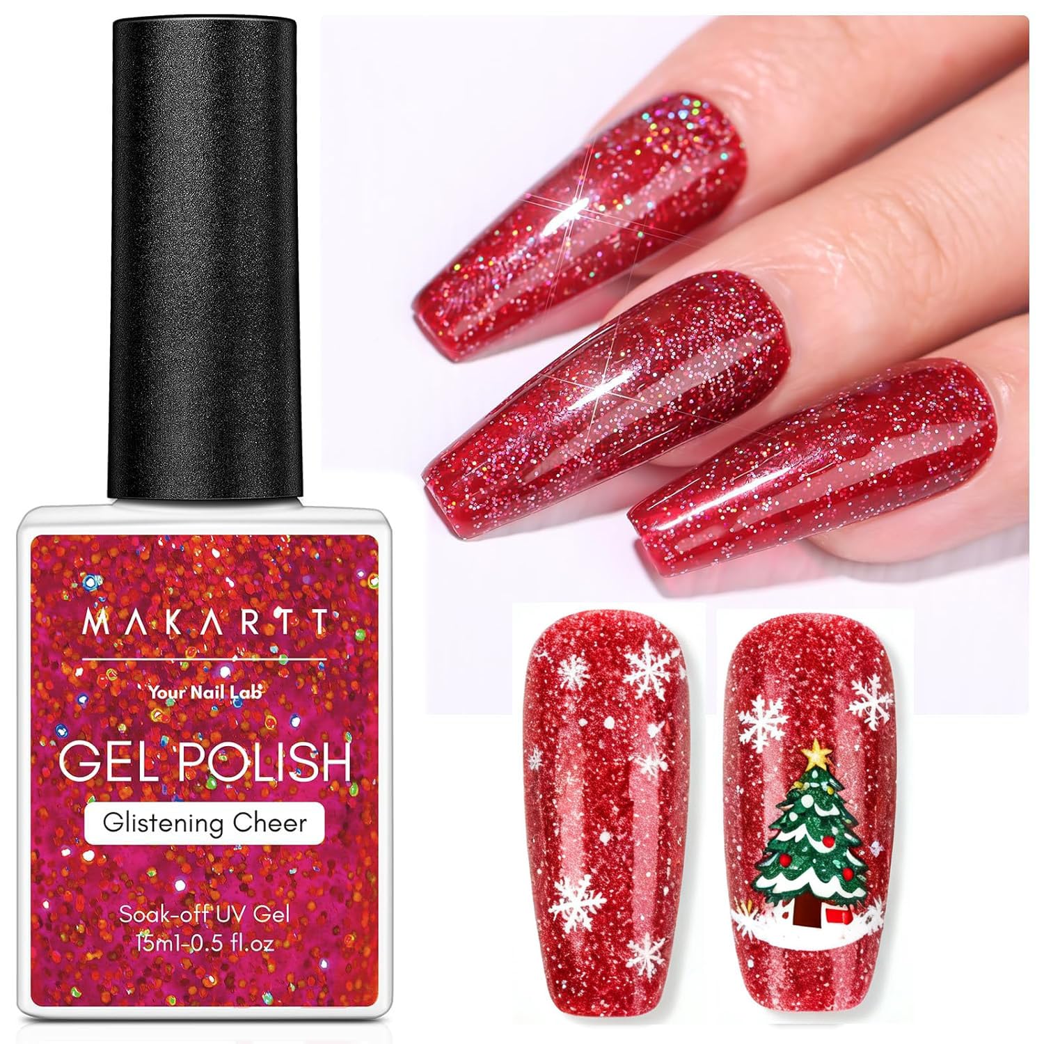 Makartt Christmas Red Glitter Gel Nail Polish - 15ml Sparkle Shimmer Soak Off UV Gel for Nail Art, Winter Manicure, New Year Shades, DIY Salon Gift