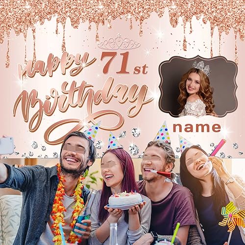 Miniatura 6 de Cartel personalizable de decoración de feliz cumpleaños número 71 de oro rosa, personalizado con nombre y foto