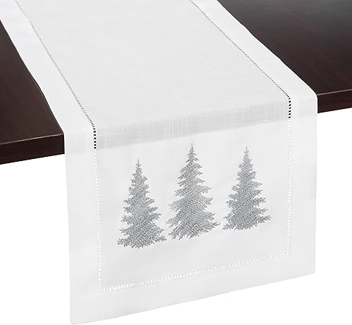 Brio Trends Camino de mesa de decoración navideña, diseño bordado de árbol de Navidad plateado con borde de vainica, decoración navideña perfecta de