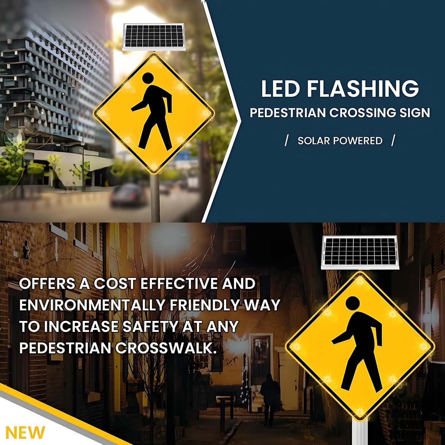 Señal de Cruce peatonal Solar con luz LED Intermitente de 24", señales de Advertencia de tráfico peatonal de Aluminio, Marco de Metal Resistente a Prueba de óxido