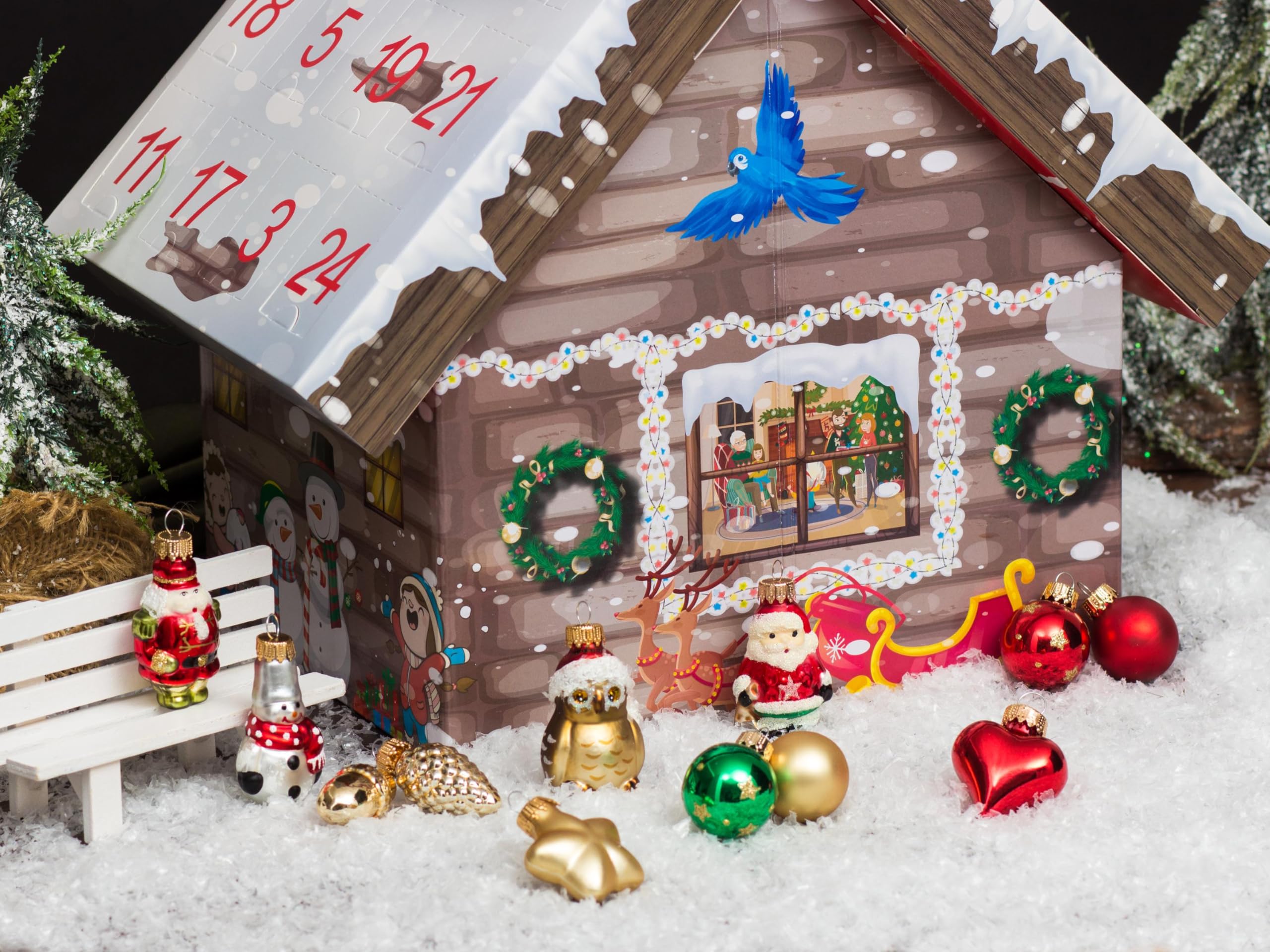 Krebs Glas Lauscha - Decorazione natalizia/albero di Natale – Calendario dell'Avvento 24 ciondoli in vetro – Motivo: 3D Adventshaus – Dimensioni del ciondolo: circa 4 – 5 cm
