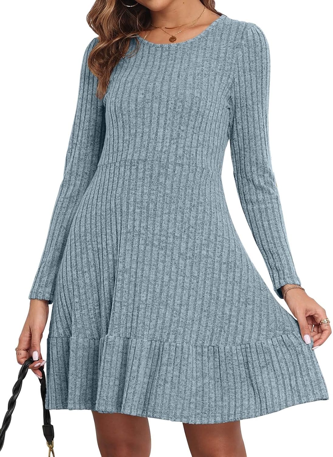 DAZY Women's Elegant Round Neck Button Waist Knitted Sweater Dress With Tie, Autumn/Winter main image 0