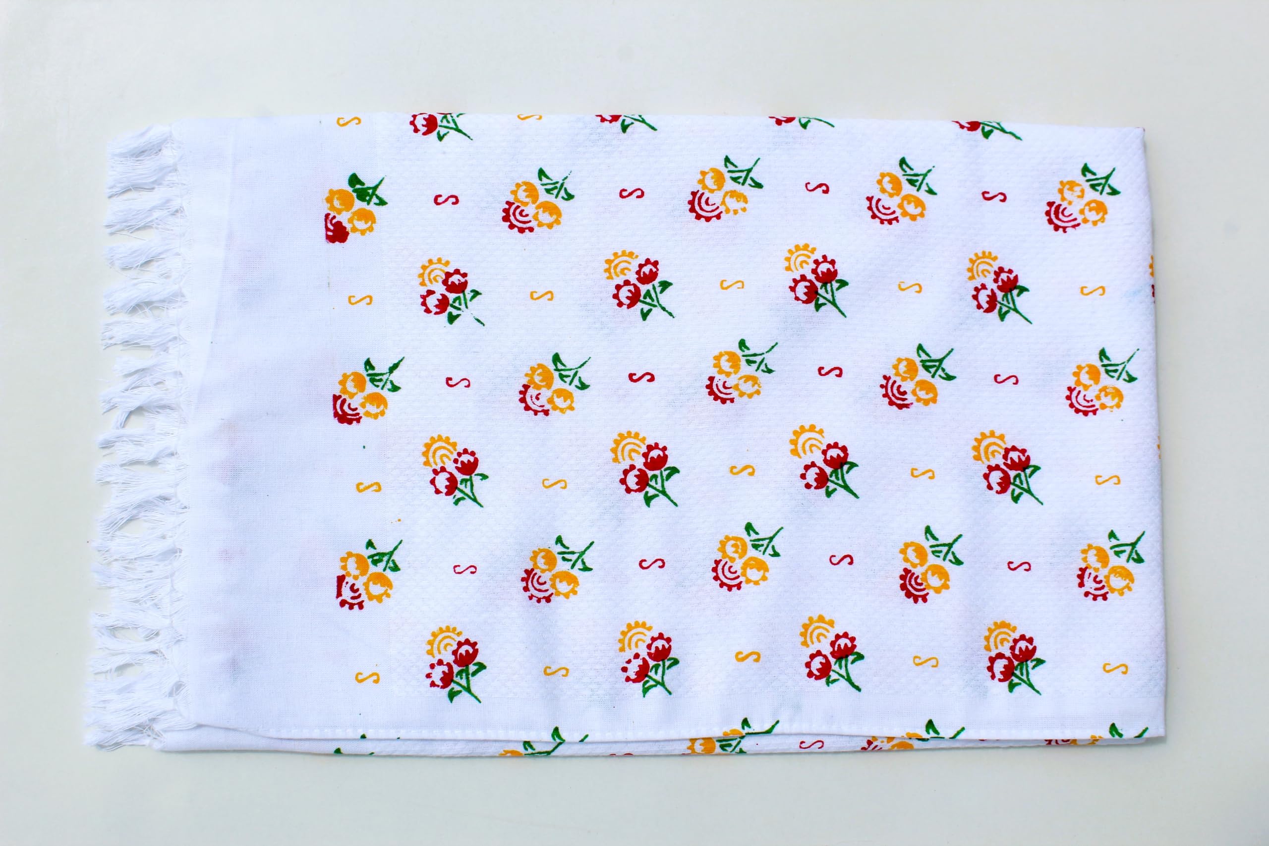 Basil House Thorthu Kerala Towel Cotton,Floral Printed Bath Towel, gamcha for Men Cotton, White Cotton Towels for Bath Large Size Men,Light Weight, Fast Absorbing, Bath Towel Pack of 2, 75 X 150 cm