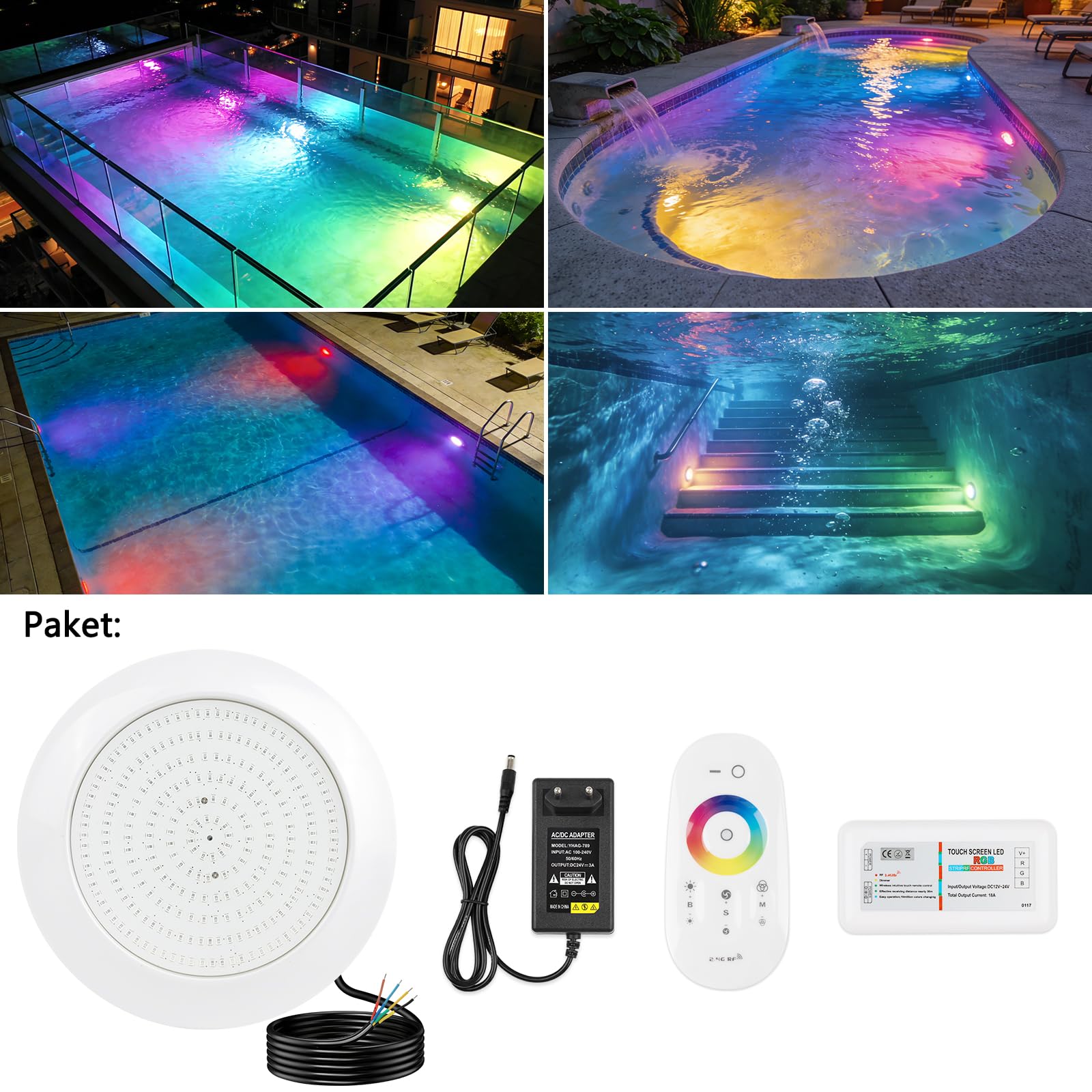 COOLWEST RGB LED Poolbeleuchtung mit 1-1/2 Zoll Außengewinde, 25W Unterwasser Licht mit Fernbedienung, Ø180mm, 24V DC, IP68 Colour Changing LED Poolscheinwerfer für Betonpools