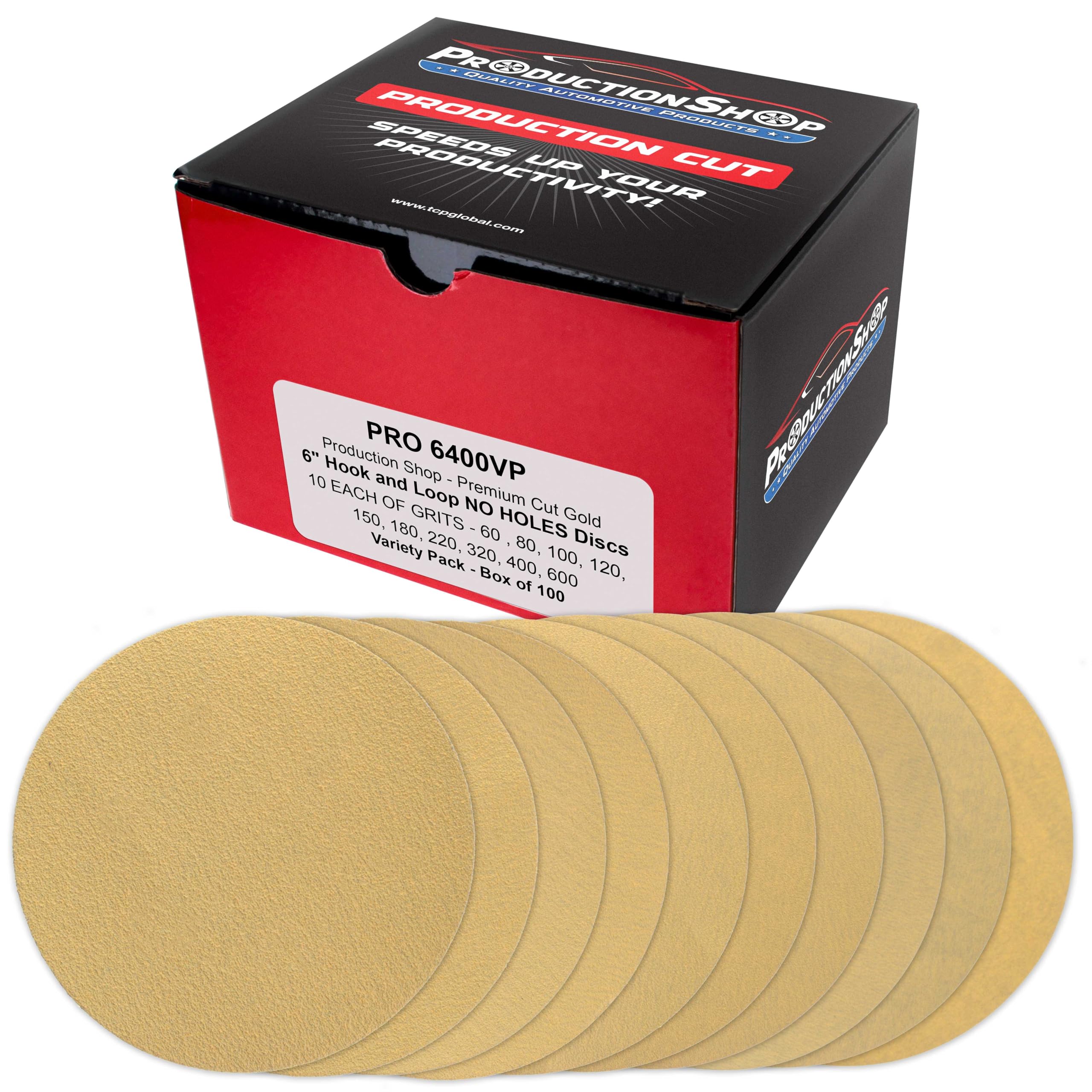 ProductionShop Discos de lijado dorados de 6 pulgadas, paquete variado de 100 discos, granos 60, 80, 100, 120, 150, 180, 220, 320, 400, 600, papel de lija de gancho y bucle, DA, lijadora orbital