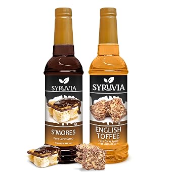 Syruvia Smores & English Toffee Coffee Syrup - 25.4 fl oz Premium Coffee Flavoring Syrup. No Coloring, Kosher, and Gluten-Free. Perfect for Drinks, Sodas, Shakes, Desserts, More.