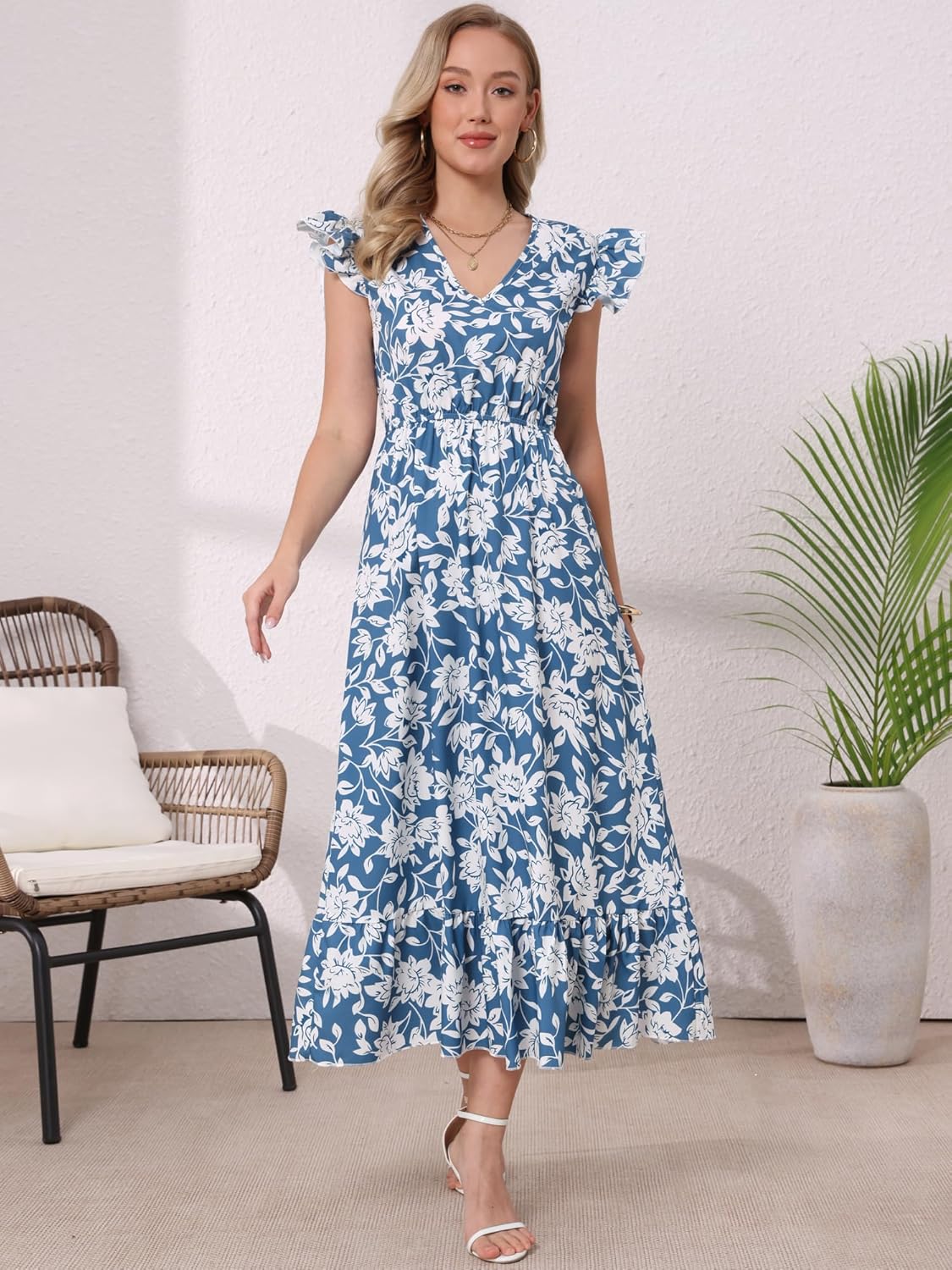 Allegra K Women Floral Dresses Summer Bohemian V Neck Cap Sleeveless A-Line Maxi Sun Dress - Image 3