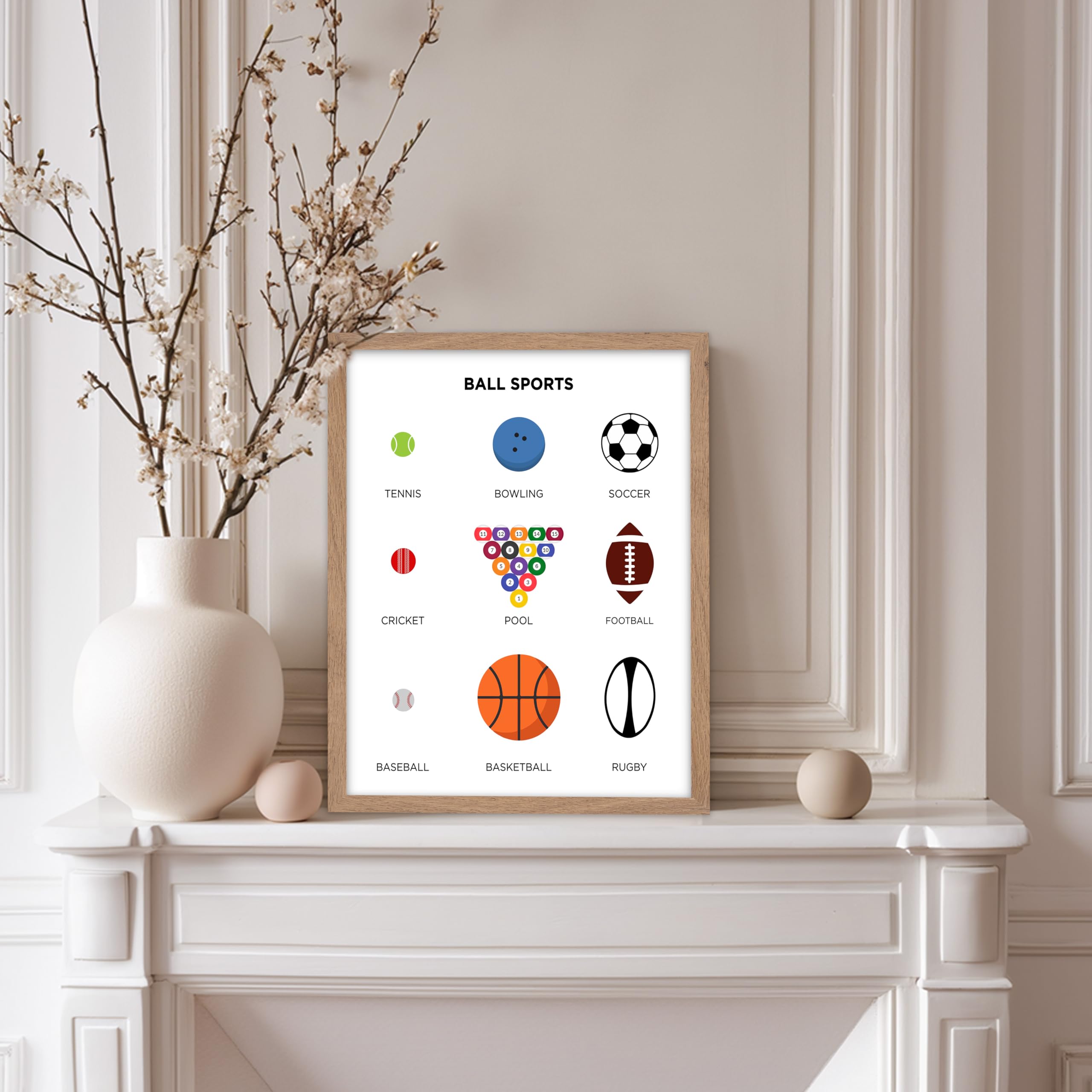 Poster Master Poster sportivo con palla, stampa con palla, arte sportiva, pallacanestro, arte calcistica, arte del baseball, arte biliardo, bowling, sala giochi o camera dei bambini, con cornice