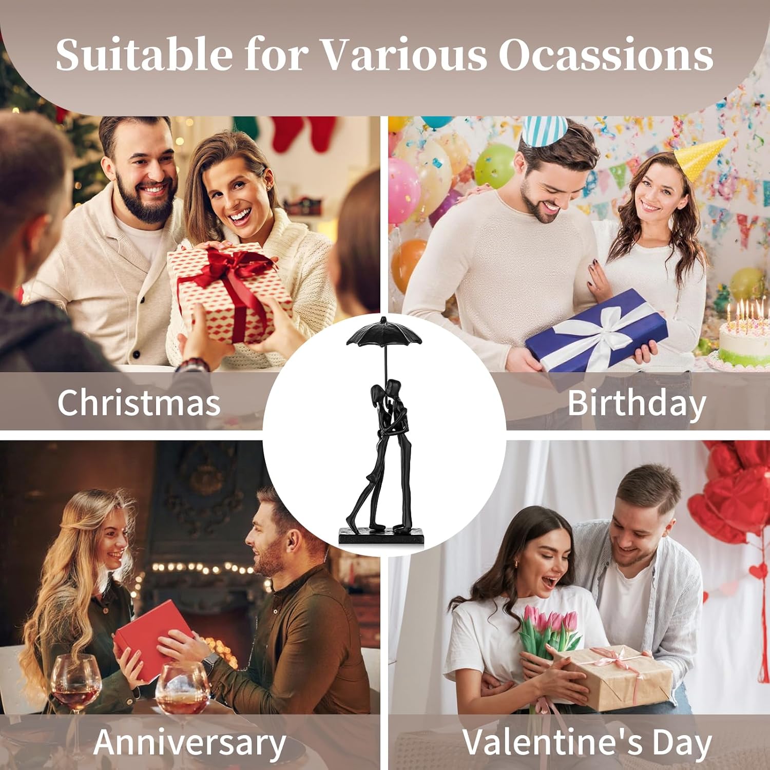 Sziqiqi Iron 6th Sculpture for Wife - Black Metal Couple Statue Kissing Under Umbrella Man Woman Sculpture Figurines for Shelf Mantel Fireplace Entry Bookshelf Television Room - Image 6