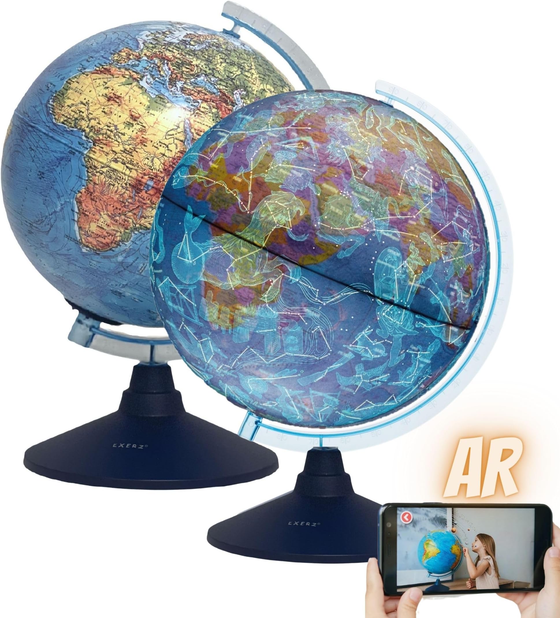 Exerz 21 cm Light Globe - English Map, Physical Map (Day), Consellation (Night), Augmented Reality App iOS - Illuminated Globe