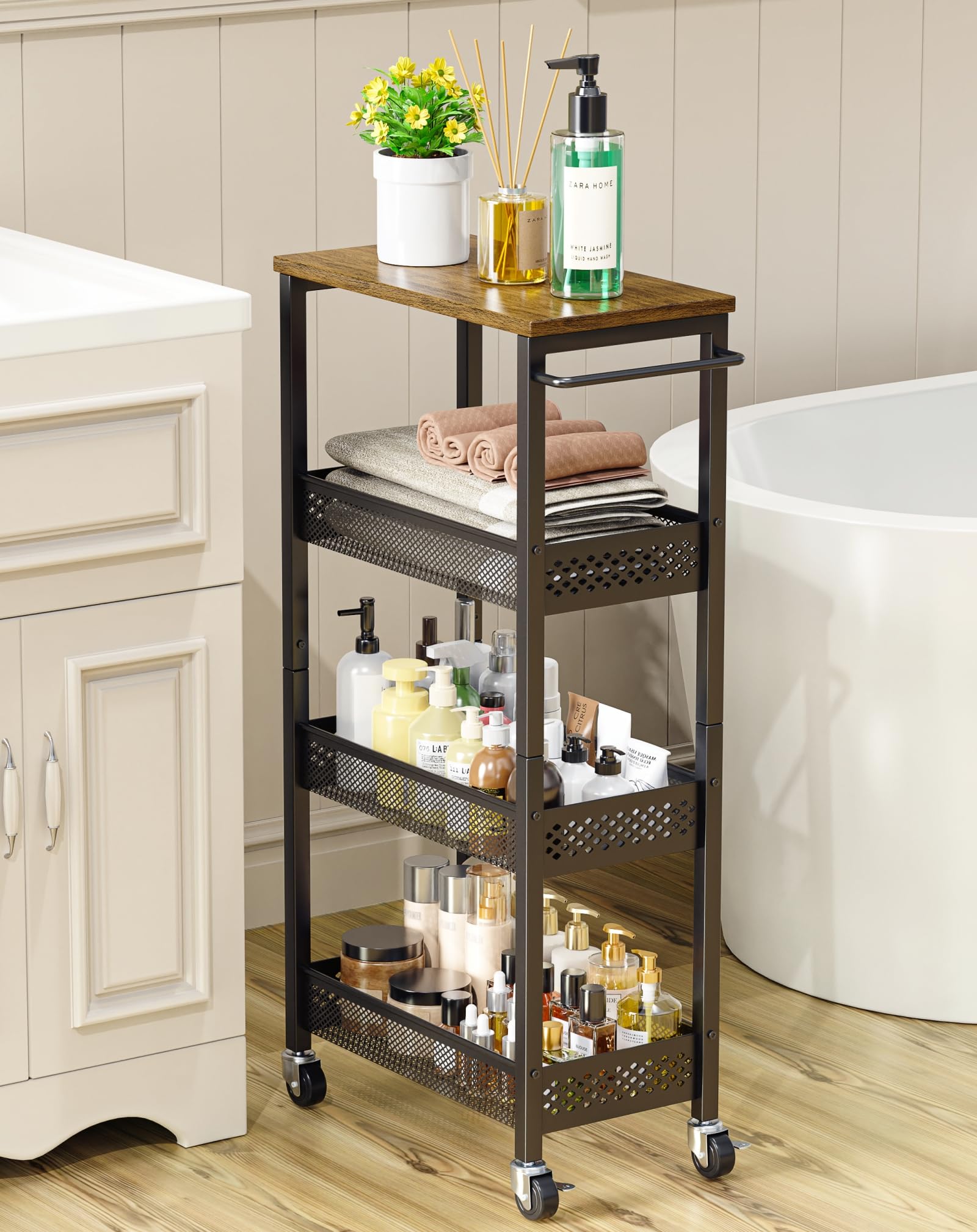 OKZEST 4-tier slim rolling storage cart with wood top