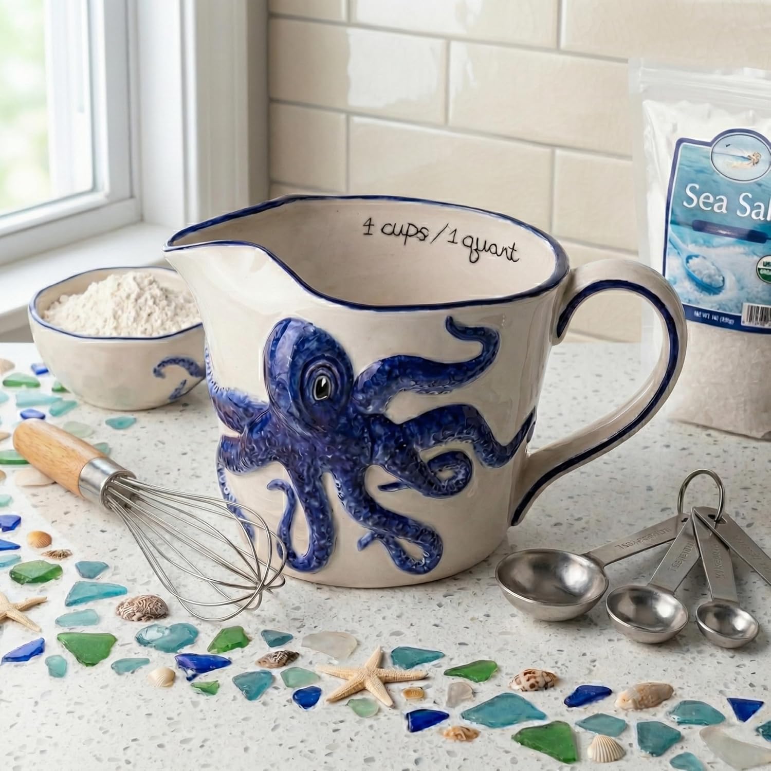 Blue Sky Ceramic 8 x 5.25 x 5" Octopus Measuring Cup, 1 quart