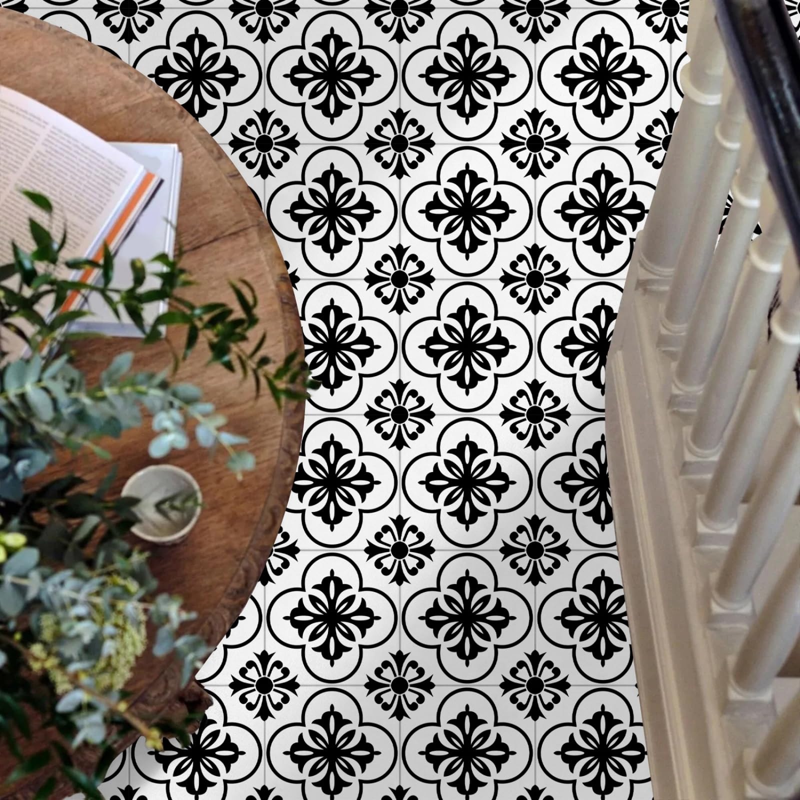 Stick on Tiles Moroccan Black Flower Kitchen Tile Stickers Waterproof Vinyl Decals Self Adhesive Stick on Bathroom Tiles Backsplash Decorative Tile Covers 30x30 cm/ 10 pcs