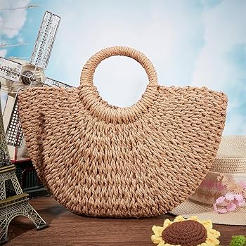 GORGECFAFT Straw Tote Bag Semi Circle Straw Bag Summer Tote
