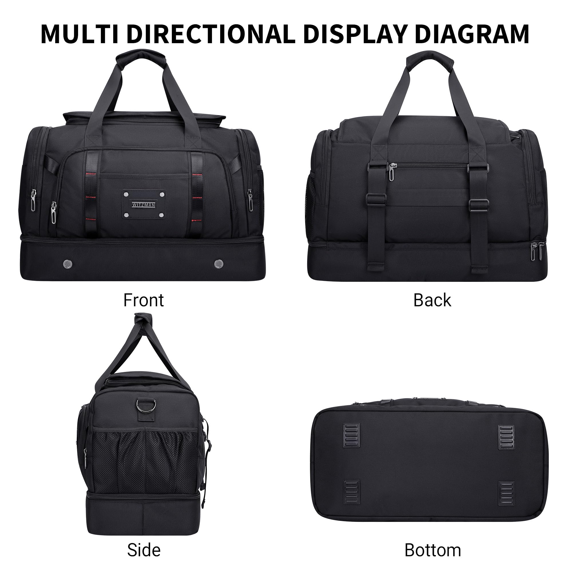 WITZMAN Nylon Reisetasche Herren 55L Weekender Sporttasche mit Schuhfach | Mehrere Taschen mit Nassfach, Konvertierbar, Große Kapazität, Eine für Reisen, Sport, Sauna, Training, B720 Schwarz