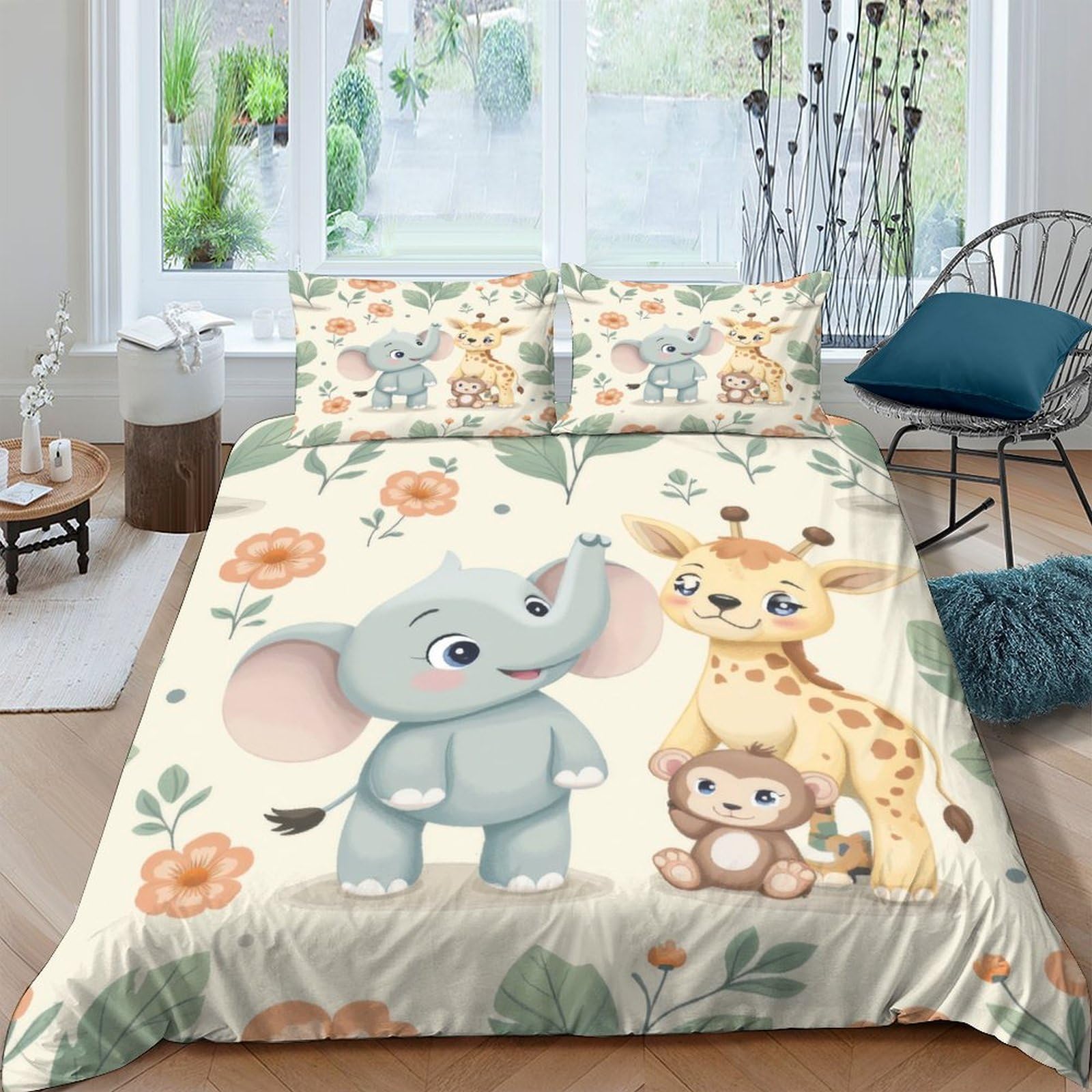 GPLZQXKJNH 3D Printed Cute Elephant Giraffe Duvet Cover Microfiber Soft Floral Animal Bedding Set with 2 Pillowcases for Bedroom Decor Single（135x200cm）