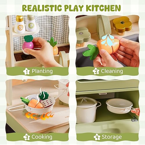 Miniatura 3 de ROBUD Juego de cocina de madera, cocina de juego de simulación para niños, cocina de juguete con microondas, fregadero, estufa y máquina de hielo,