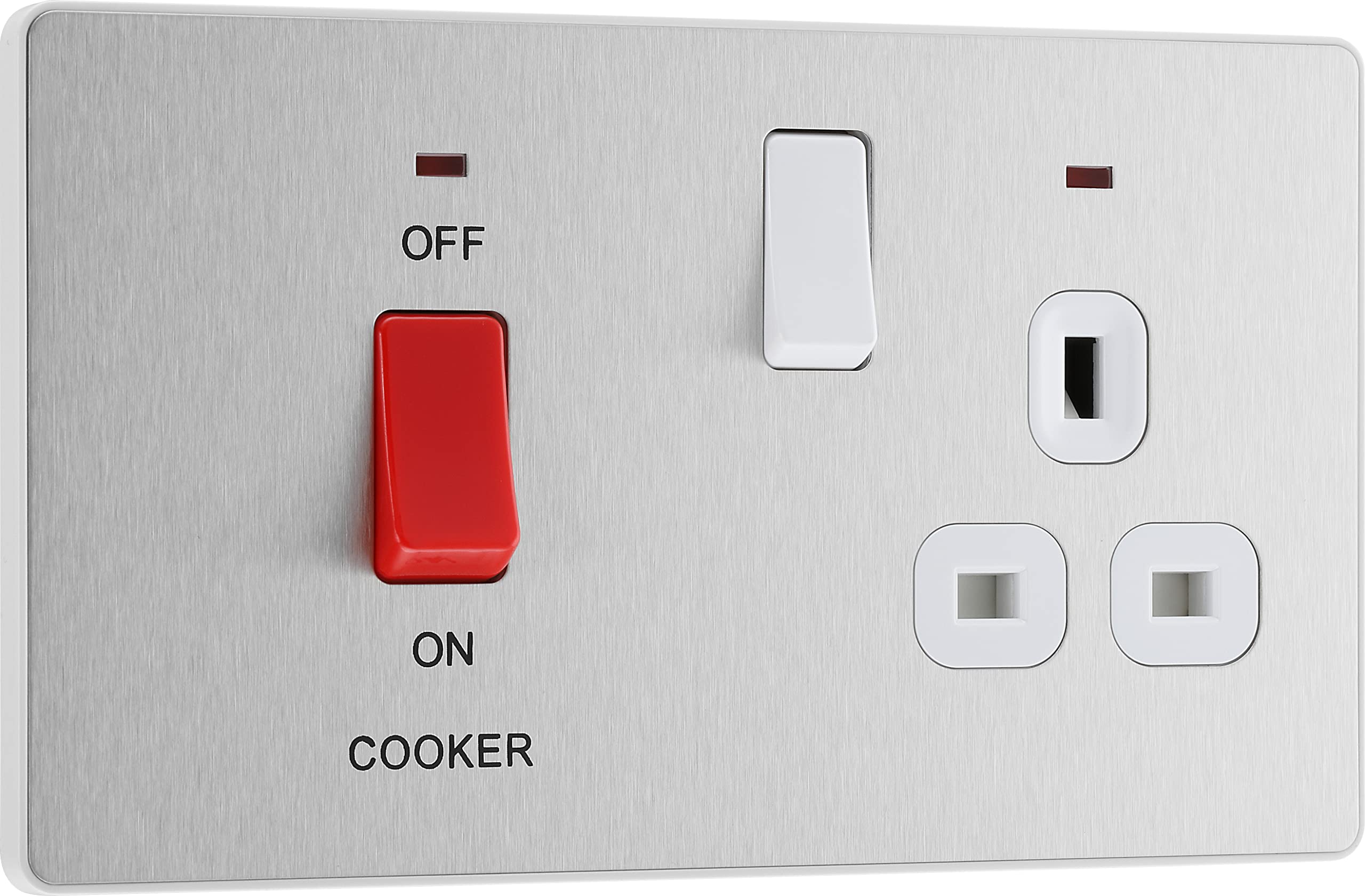 British General Brushed Steel Bg Electrical Cooker Switch With Socket And Led, Cooker Control Unit, Control Socket, Double Pole, Screwless Front Plate, Evolve, 45A, Pcdbs70w