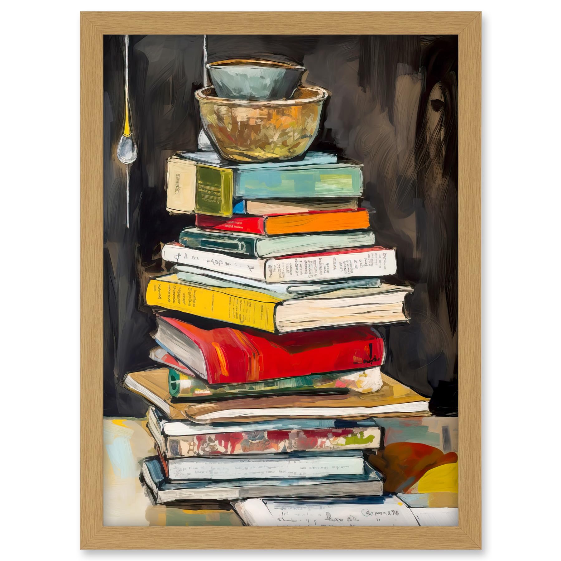 Artery8 A Stack of Recipe Cookbooks with Bowls on Top Artwork Framed A3 Wall Art Print