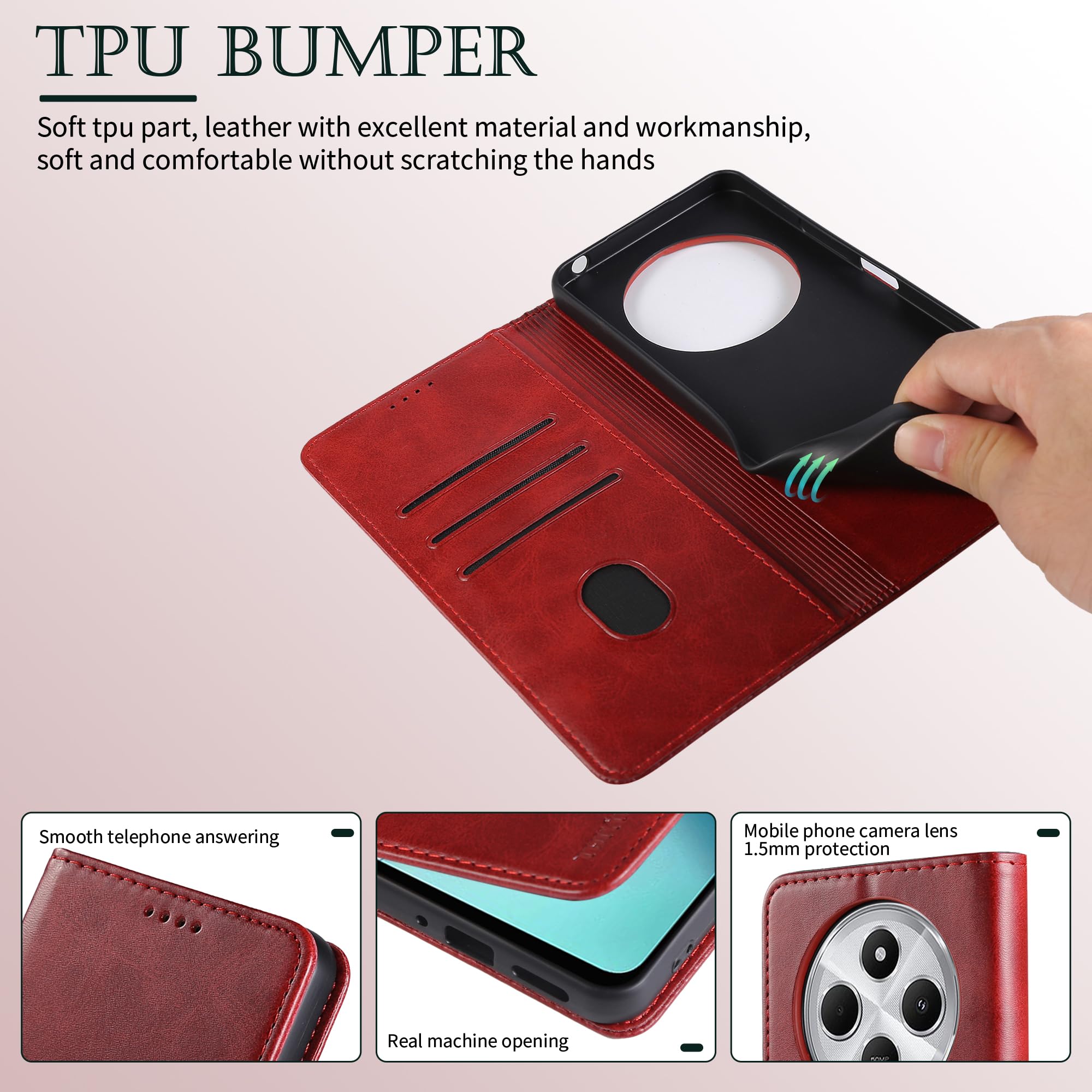 Coque Portefeuille Cuir PU Odeydo Rouge Pour Xiaomi Redmi 14C 4G - Support Inclus