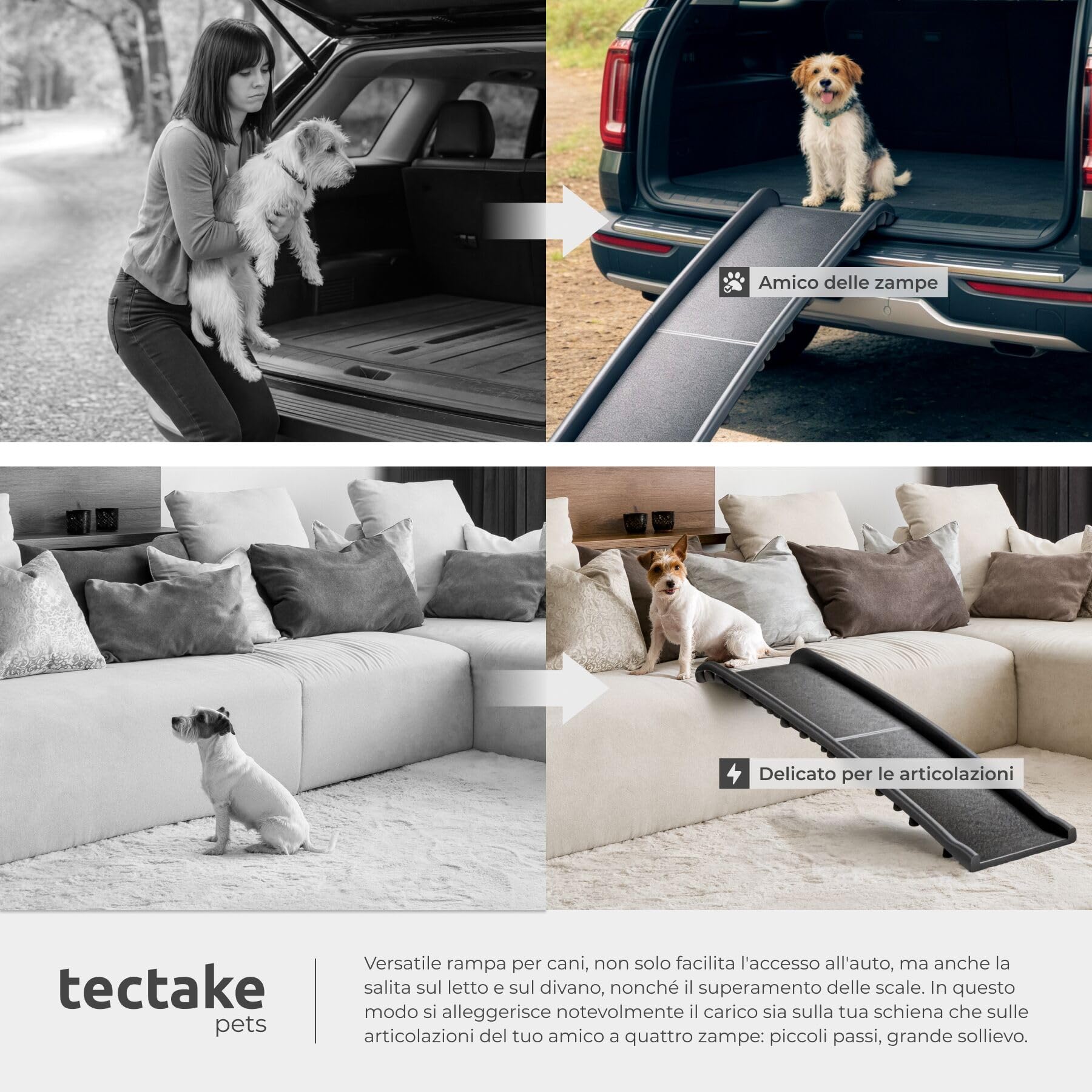 tectake® Rampa per Cani Paw Step, Richiudibile, Antiscivolo per Auto, Pieghevole con Maniglie Trasporto, Supporto fino a 90kg, Pedana per Cani, Rampe per Cani