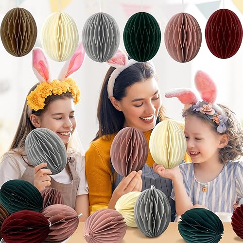 Miniatura 6 de Tenare 24 piezas de adornos de huevos colgantes de Pascua, centros de mesa de panal de abeja 3D, pompones de papel de panal para guirnalda, fiesta